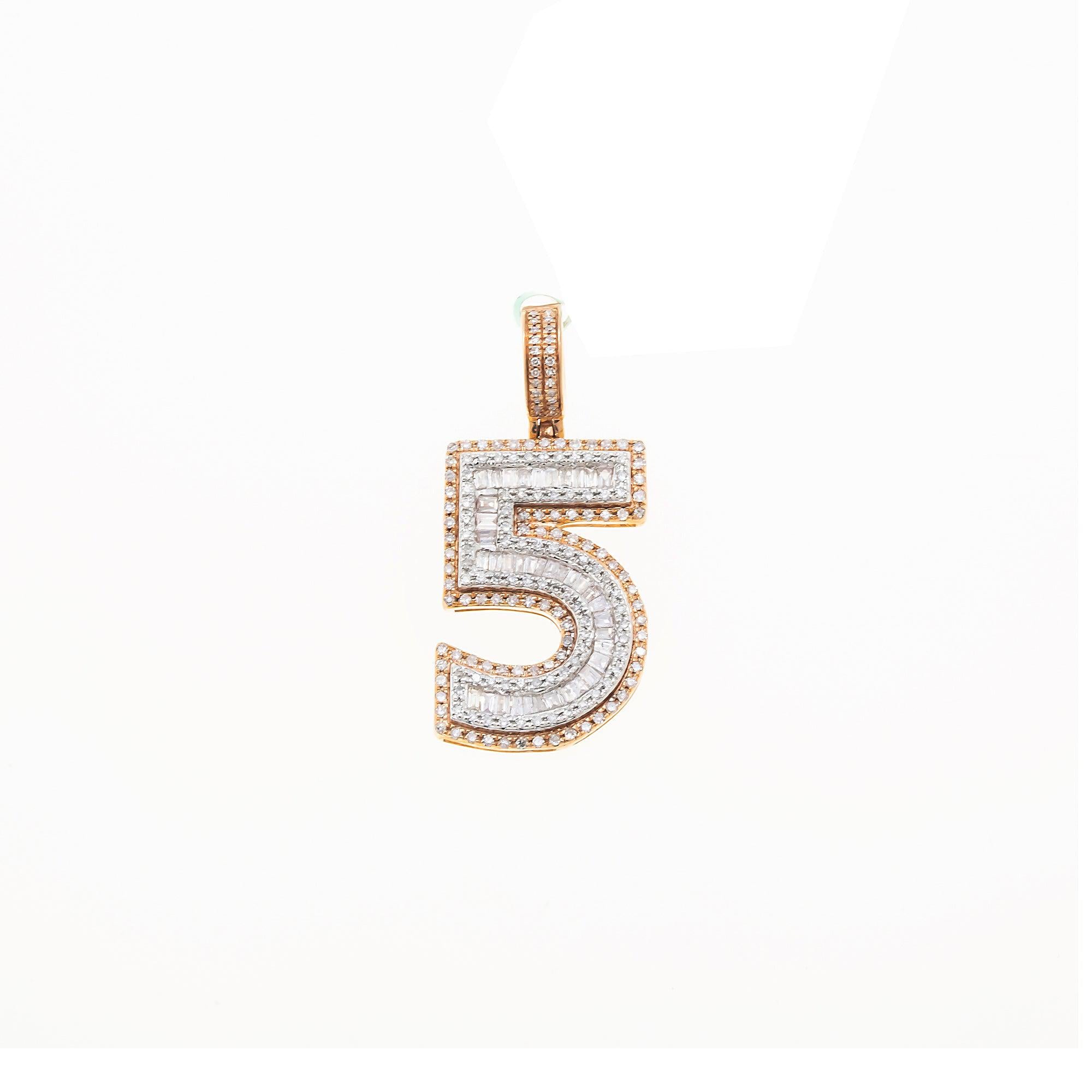 10K GOLD BAGUETTE AND ROUND DIAMOND NUMBER 5 PENDANT 0.69 CT