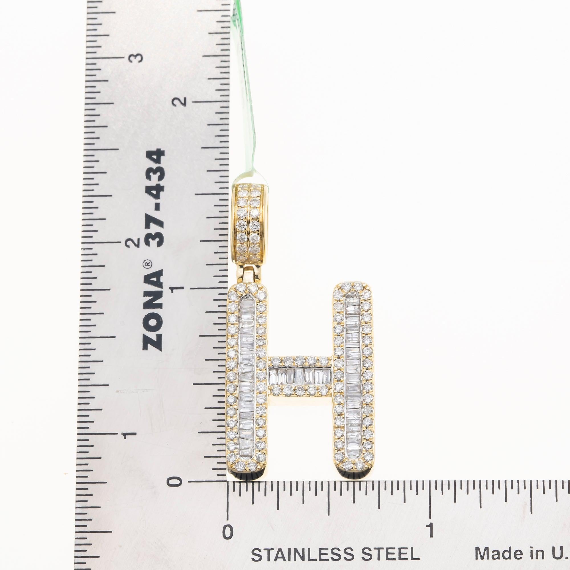 10K GOLD BAGUETTE AND ROUND DIAMOND INITIAL H PENDANT 1.50 CT