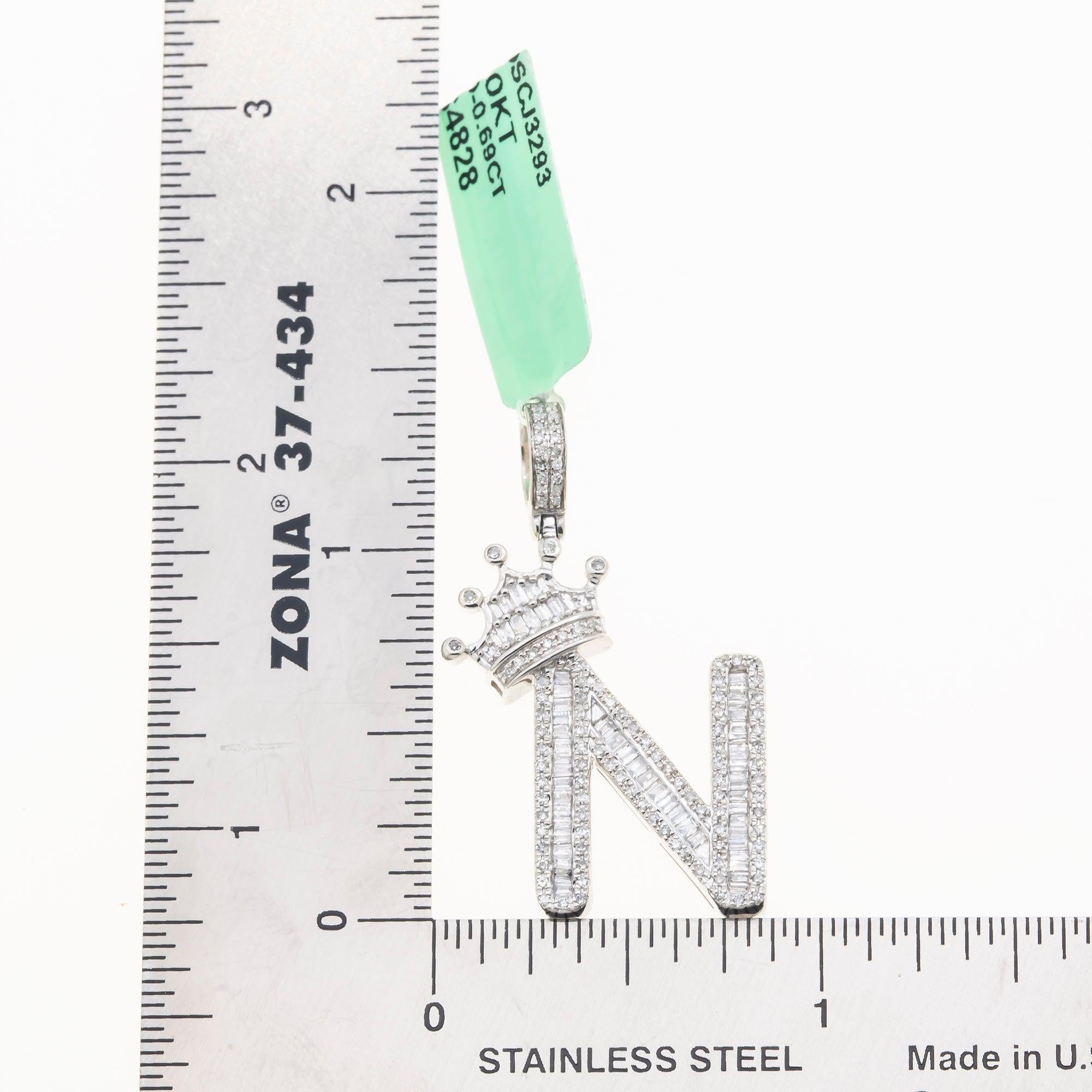 10K GOLD BAGUETTE DIAMOND INITIAL N WITH CROWN PENDANT 0.69 CT