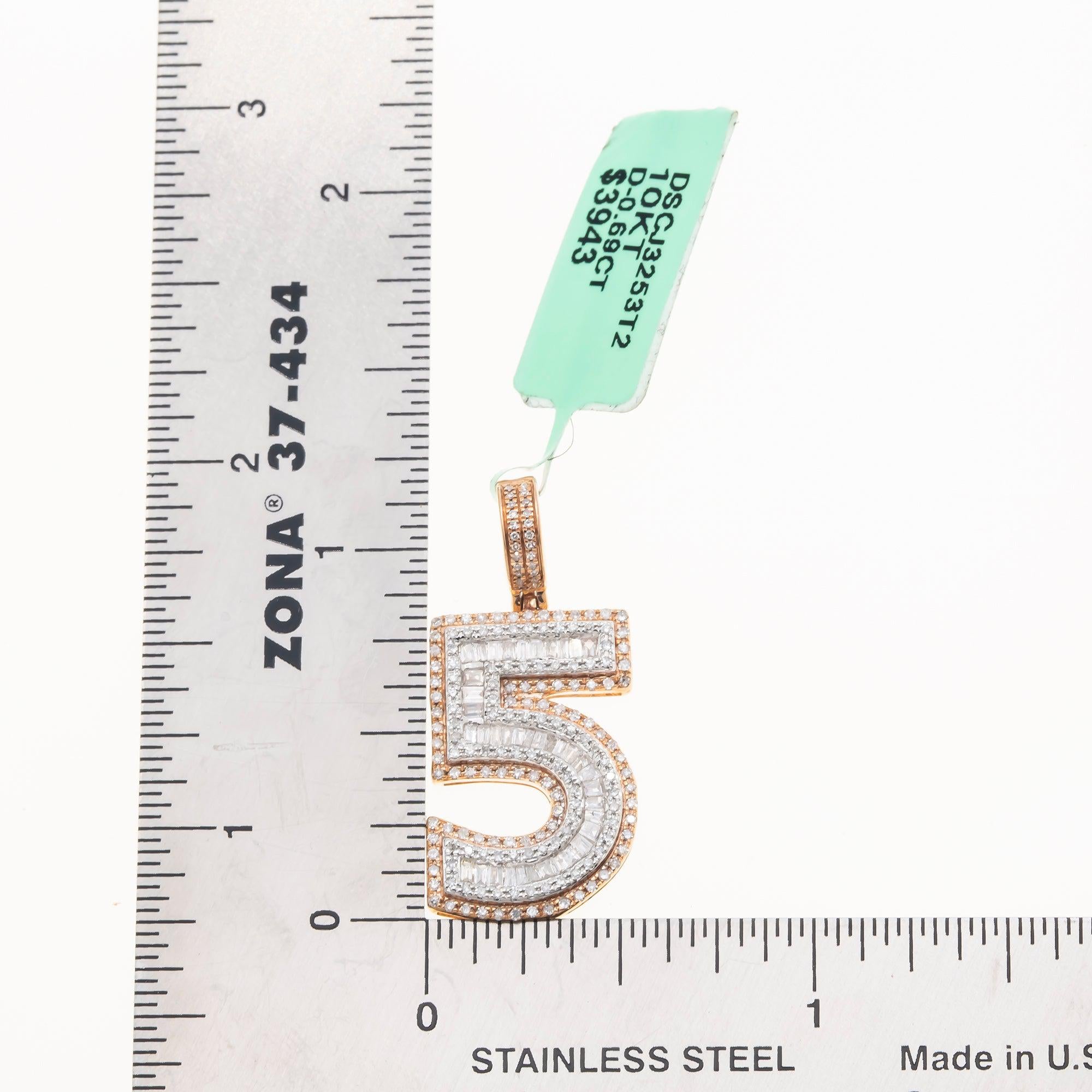 10K GOLD BAGUETTE AND ROUND DIAMOND NUMBER 5 PENDANT 0.69 CT