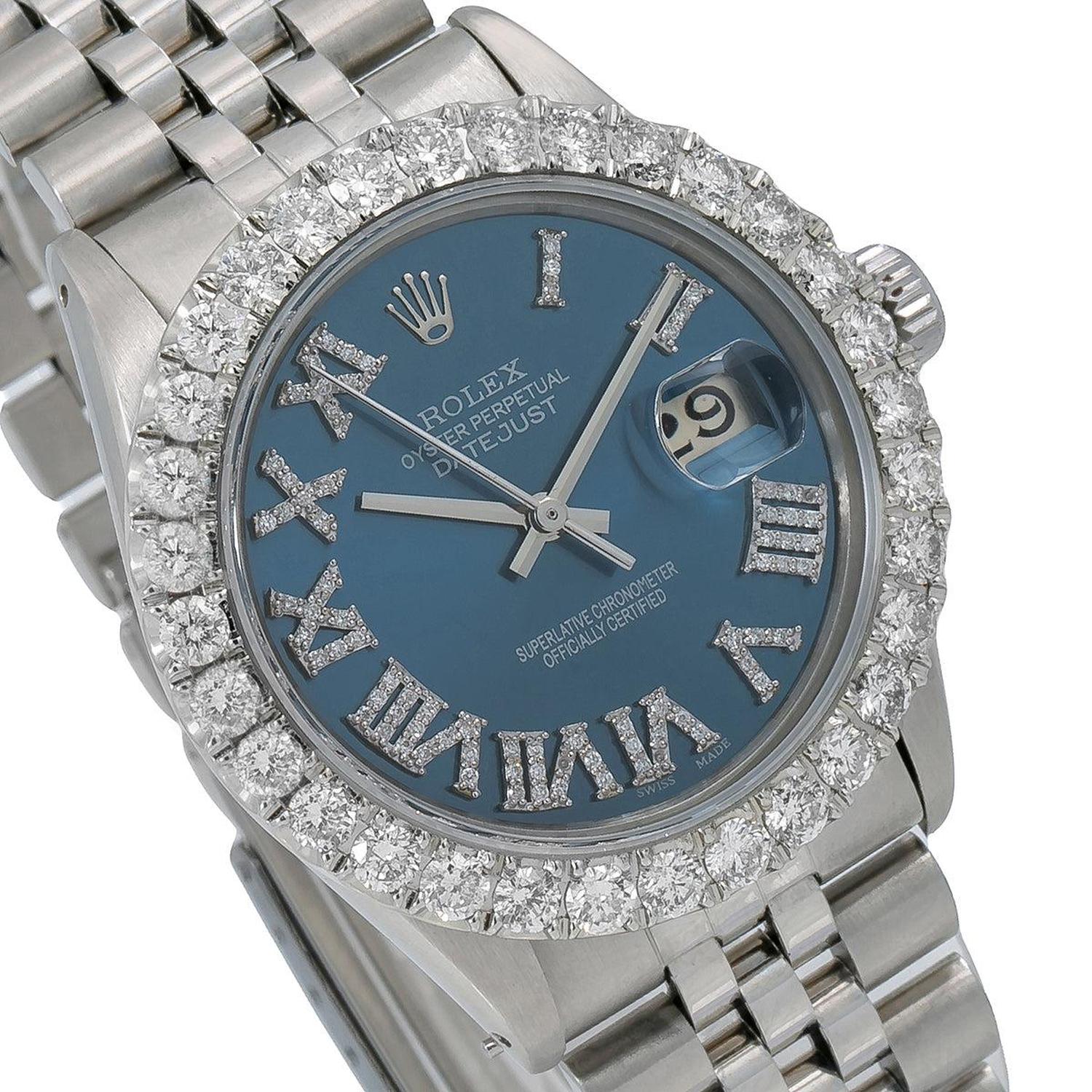 Rolex Datejust 36MM 16014 Blue Roman Diamond Dial Diamond Bezel Stainless Steel Jubilee Bracelet 3.25ct