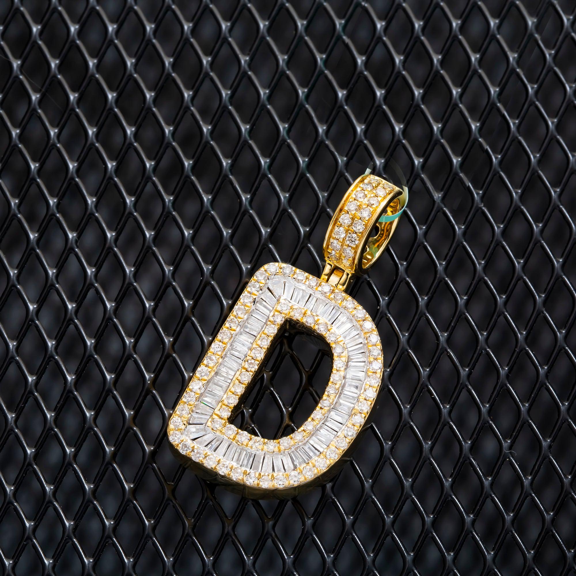10K GOLD BAGUETTE AND ROUND DIAMOND INITIAL D PENDANT 1.50 CT