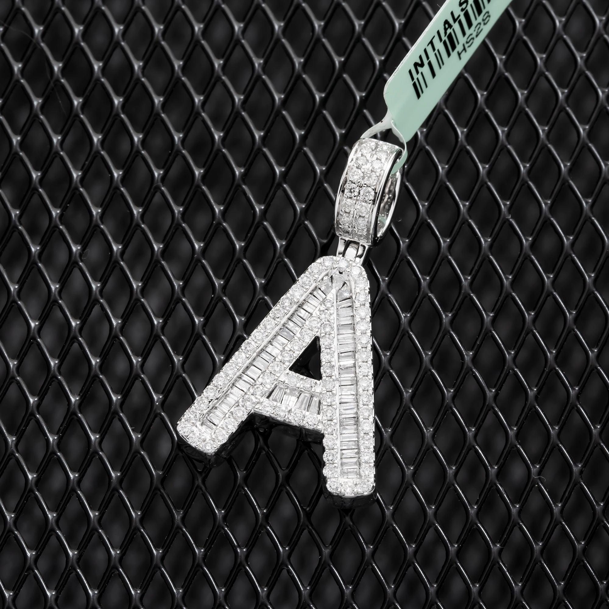 10K GOLD BAGUETTE AND ROUND DIAMOND INITIAL A PENDANT 1.50 CT