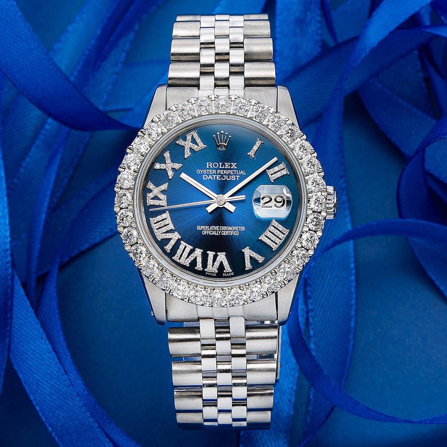 Rolex Datejust 36MM 16014 Blue Roman Diamond Dial Diamond Bezel Stainless Steel Jubilee Bracelet 3.25ct