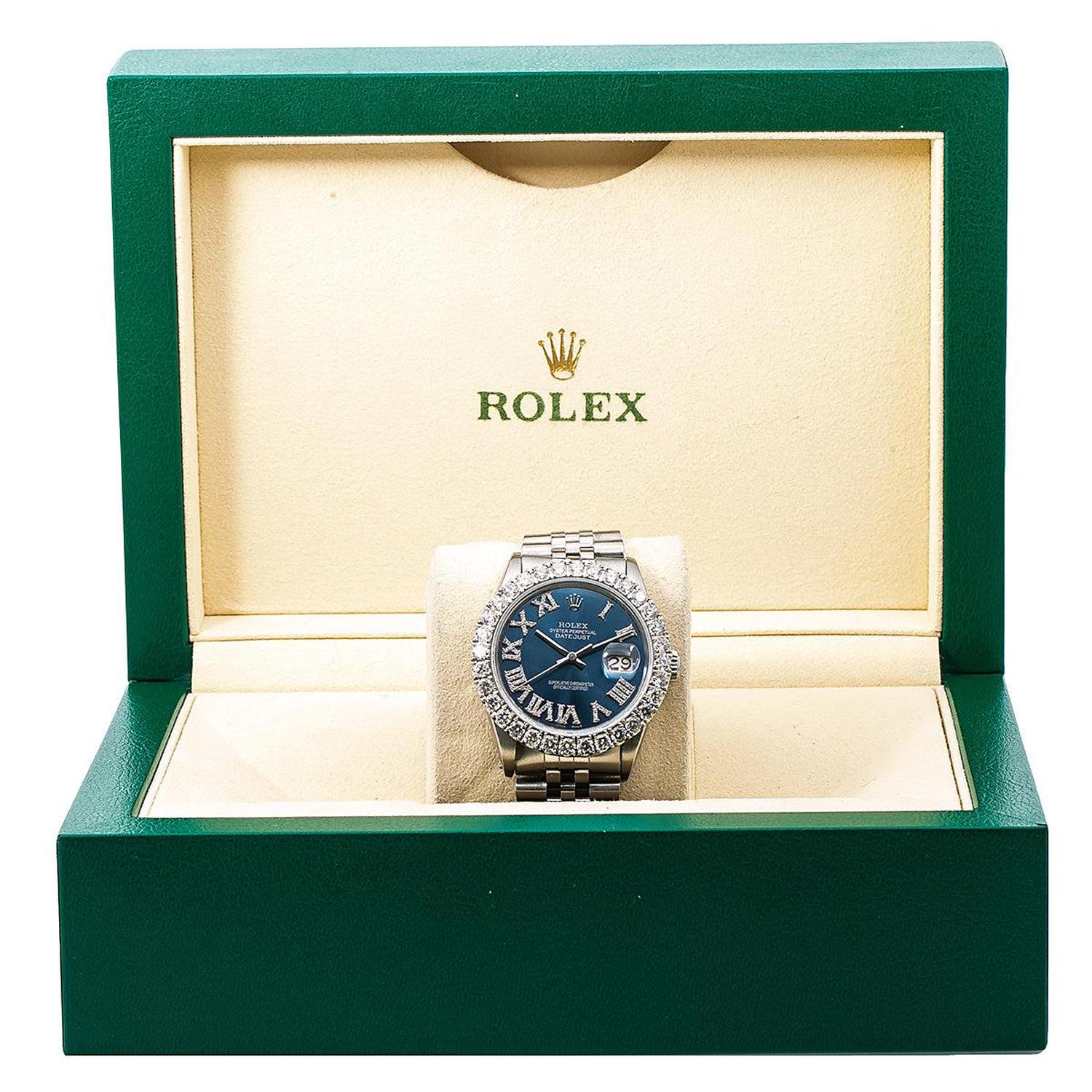 Rolex Datejust 36MM 16014 Blue Roman Diamond Dial Diamond Bezel Stainless Steel Jubilee Bracelet 3.25ct