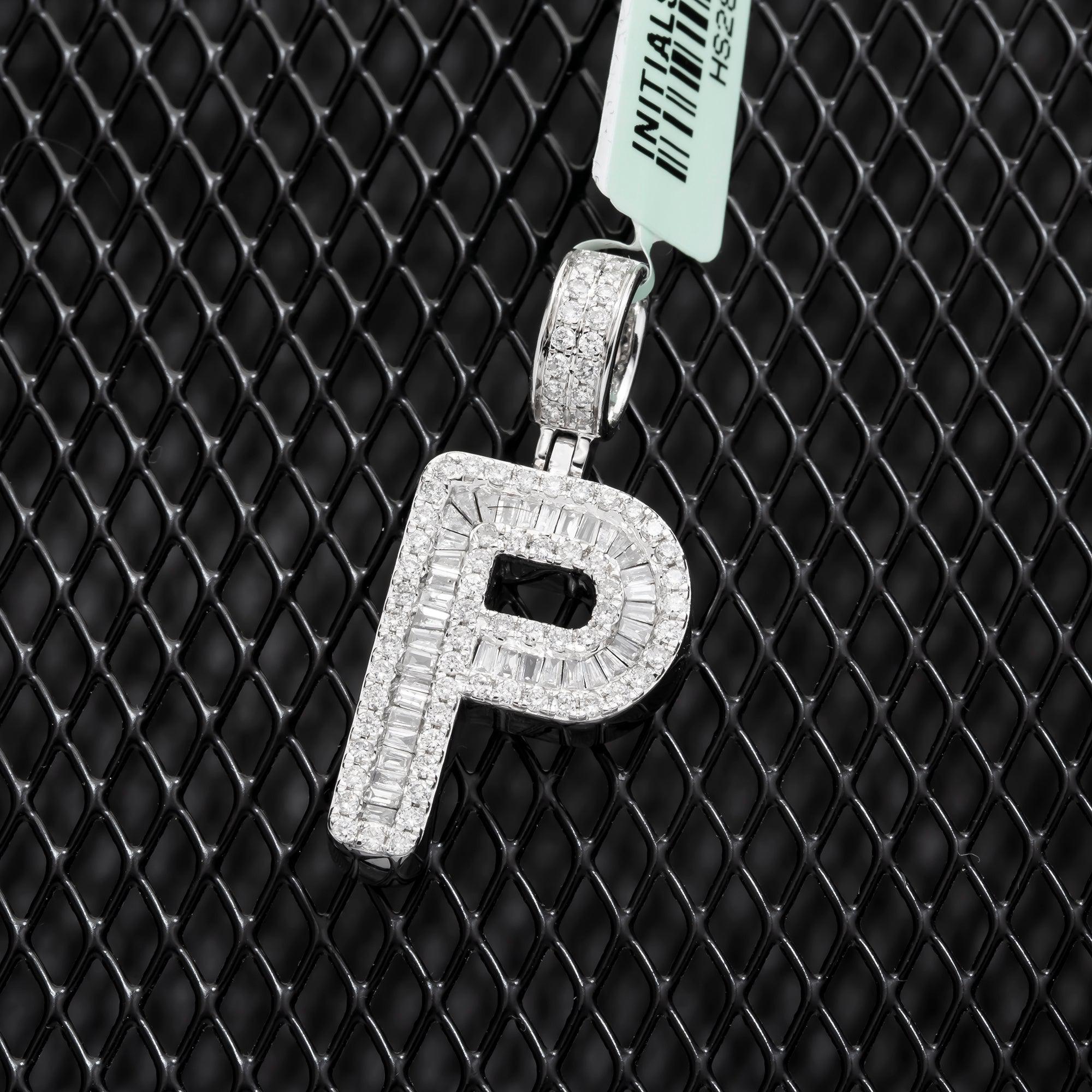 10K GOLD BAGUETTE AND ROUND DIAMOND INITIAL P PENDANT 1.50 CT