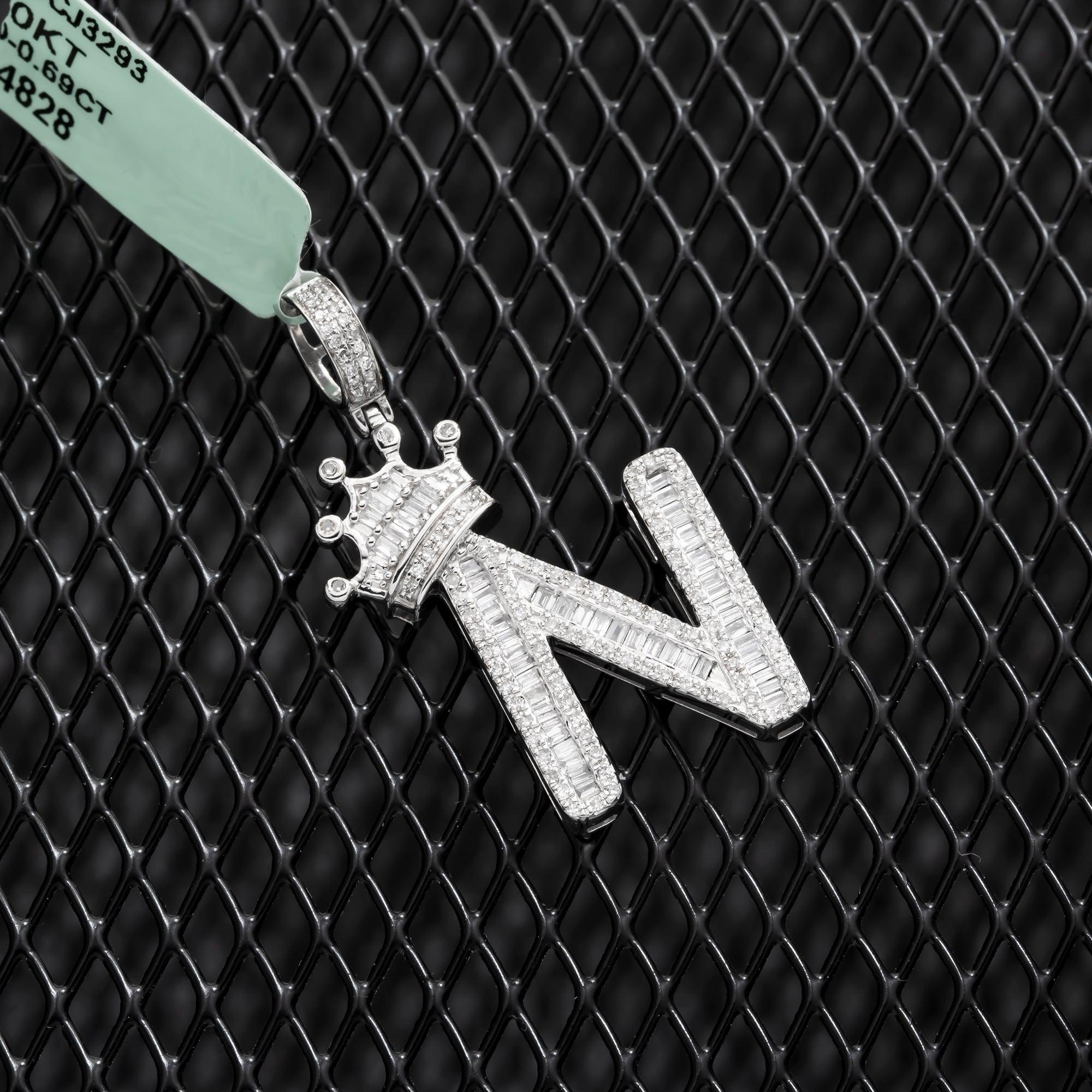 10K GOLD BAGUETTE DIAMOND INITIAL N WITH CROWN PENDANT 0.69 CT