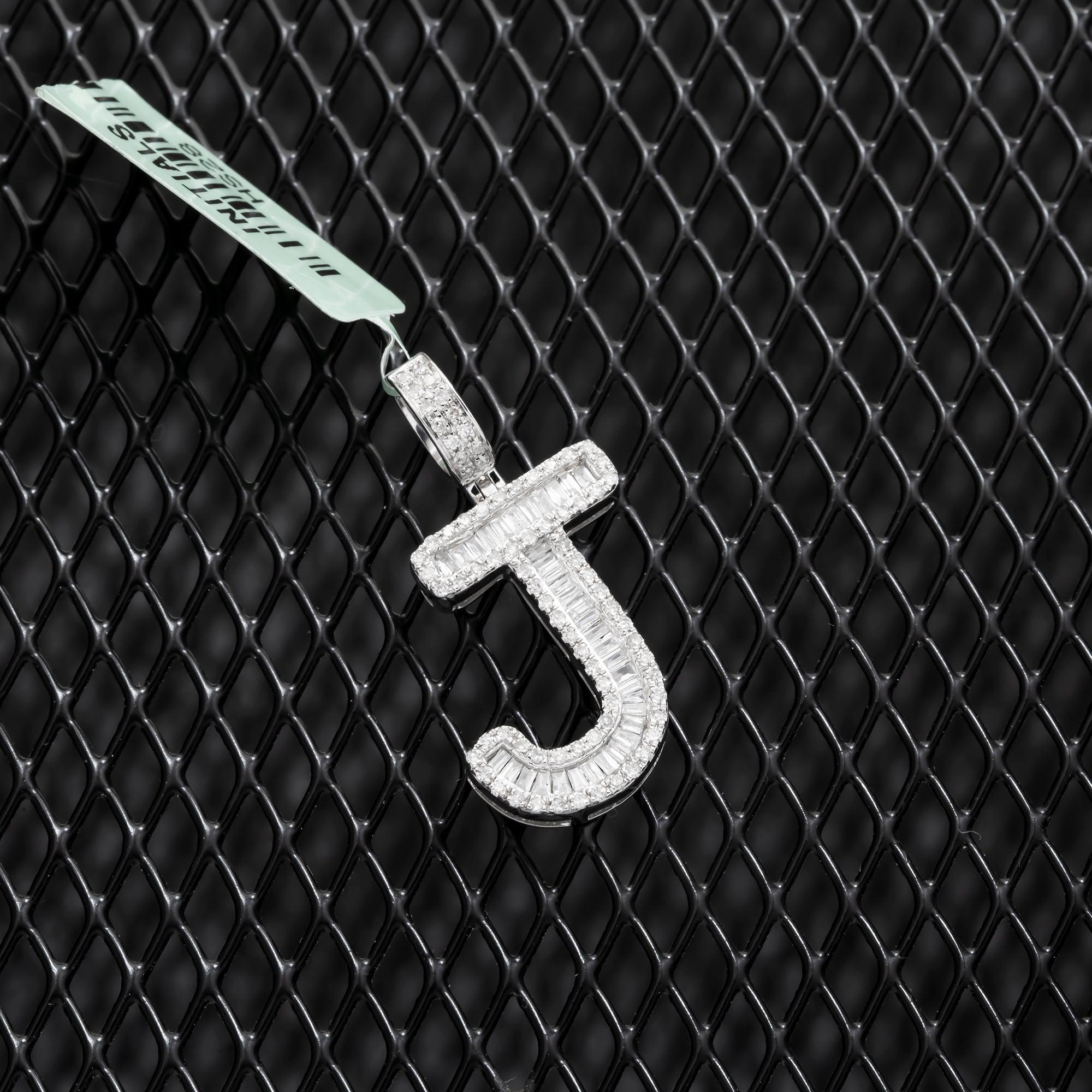 10K GOLD BAGUETTE AND ROUND DIAMOND INITIAL J PENDANT 1.50 CT