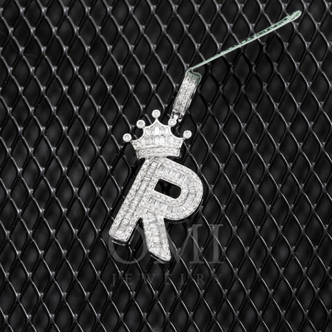 10K GOLD BAGUETTE DIAMOND INITIAL R WITH CROWN PENDANT 0.69 CT