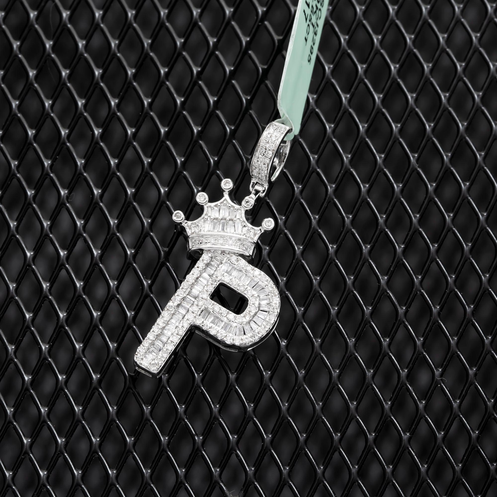 10K GOLD BAGUETTE DIAMOND INITIAL P WITH CROWN PENDANT 0.69 CT