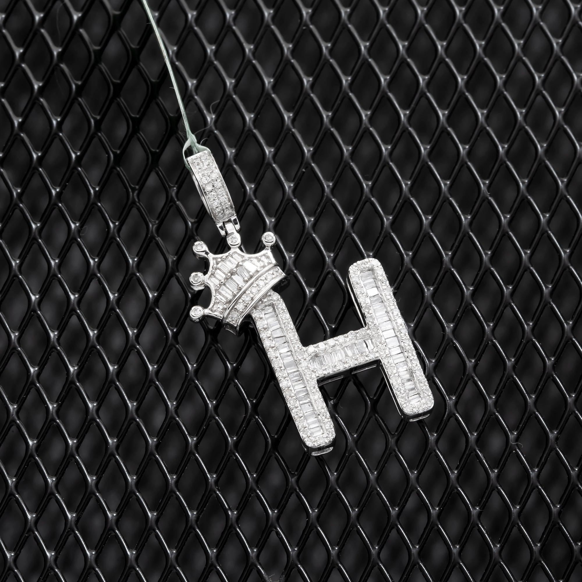 10K GOLD BAGUETTE DIAMOND INITIAL H WITH CROWN PENDANT 0.69 CT