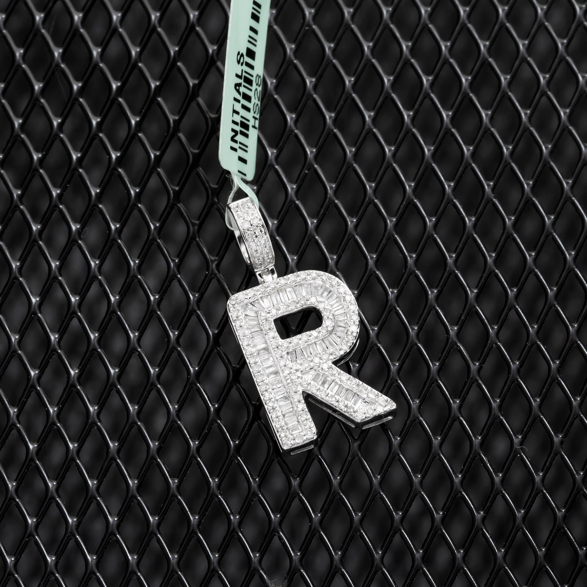 10K GOLD BAGUETTE AND ROUND DIAMOND INITIAL R PENDANT 1.50 CT
