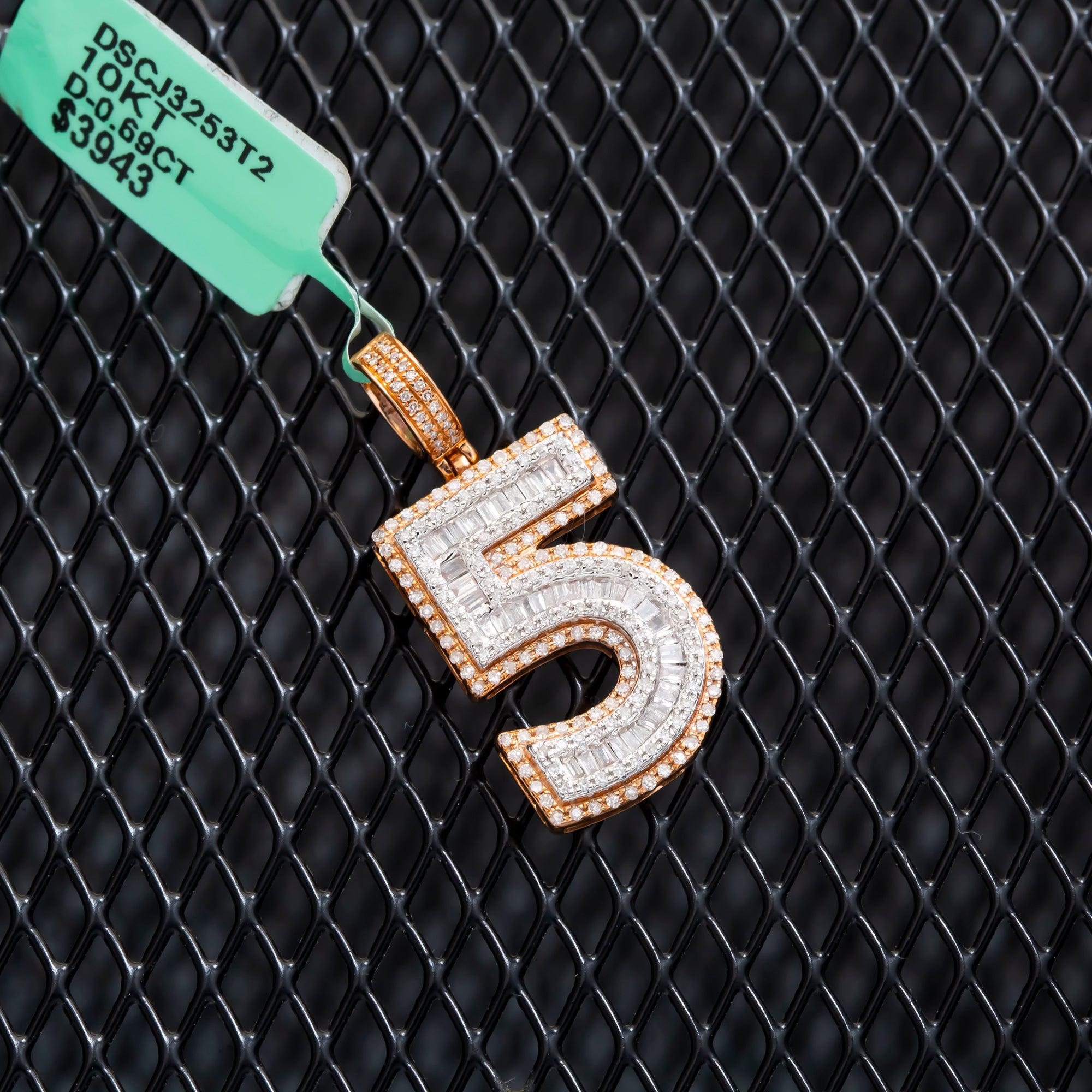 10K GOLD BAGUETTE AND ROUND DIAMOND NUMBER 5 PENDANT 0.69 CT