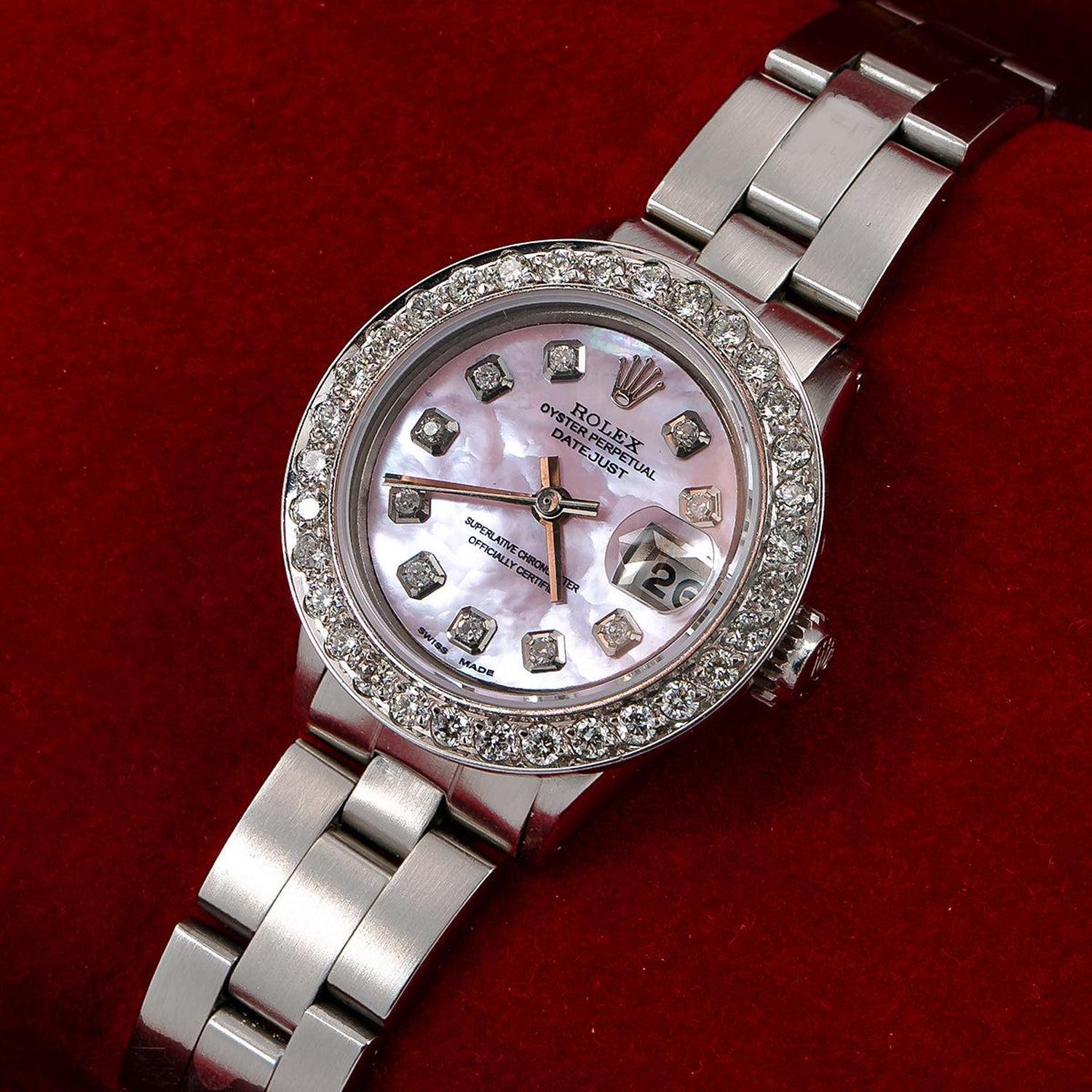 Rolex Datejust 26MM 69160 Pink Mother of Pearl Diamond Dial Diamond Bezel Stainless Steel Oyster Bracelet 1.25ct