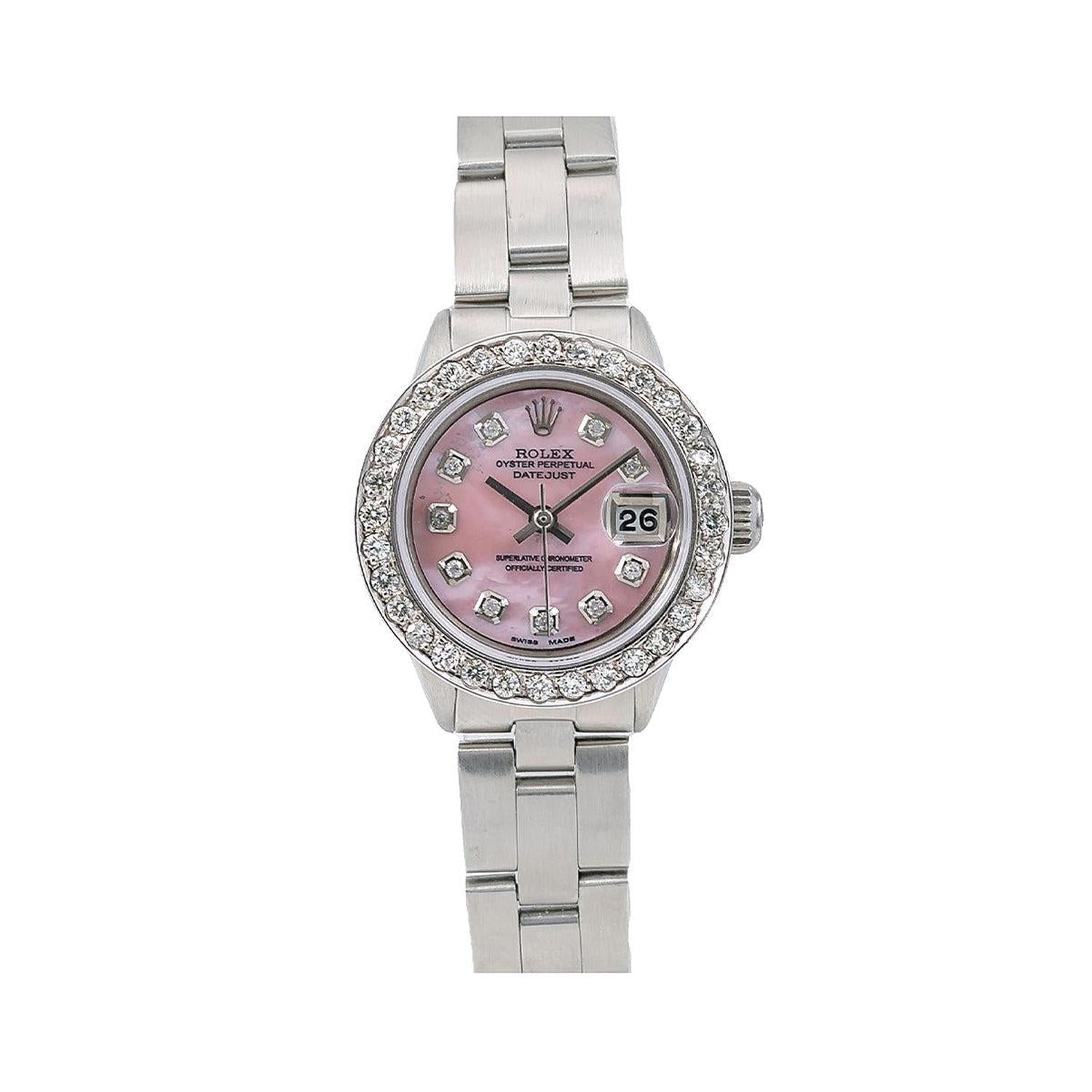 Rolex Datejust 26MM 69160 Pink Mother of Pearl Diamond Dial Diamond Bezel Stainless Steel Oyster Bracelet 1.25ct