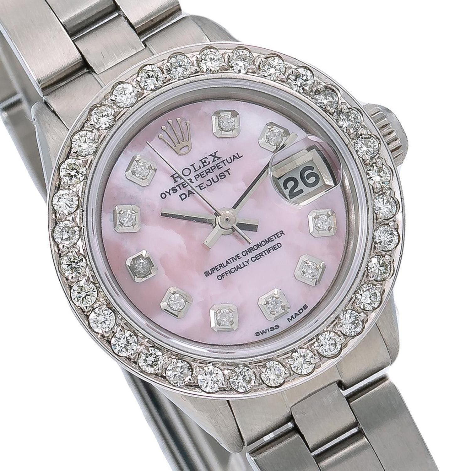 Rolex Datejust 26MM 69160 Pink Mother of Pearl Diamond Dial Diamond Bezel Stainless Steel Oyster Bracelet 1.25ct