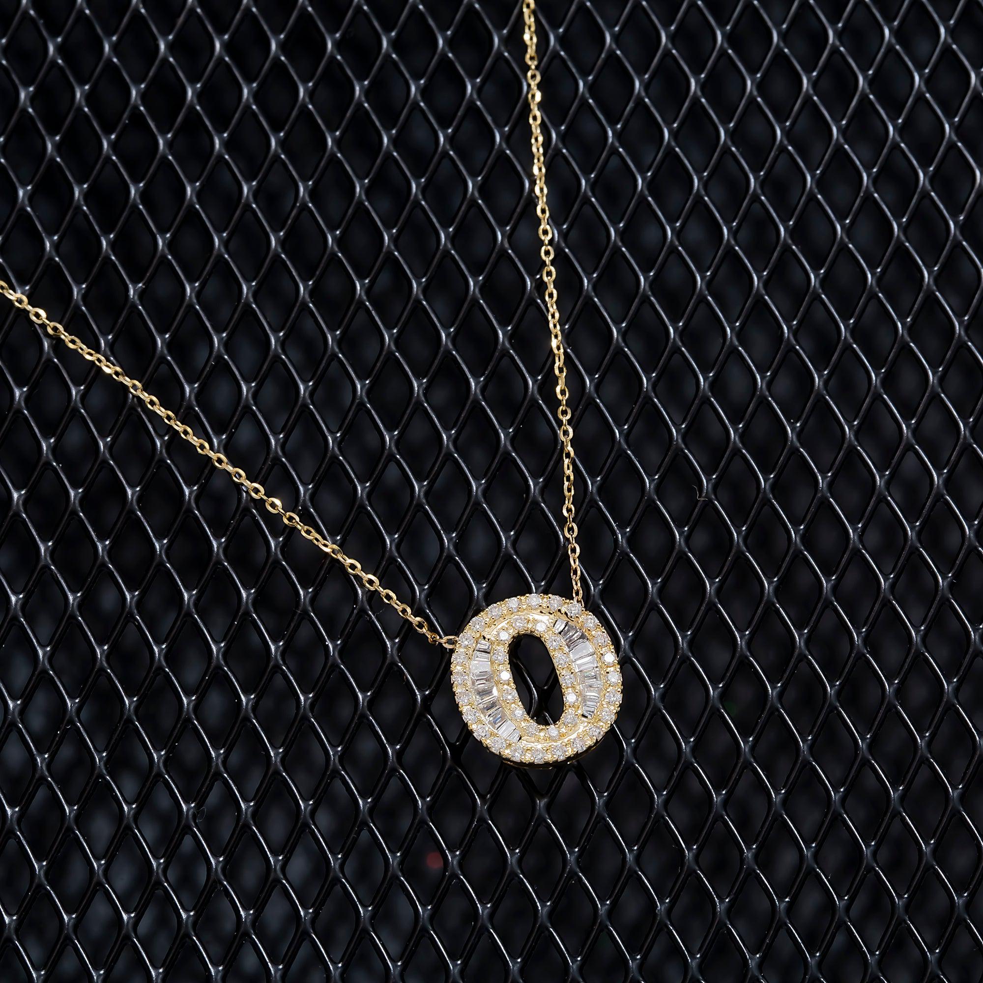 14K GOLD BAGUETTE DIAMOND INITIAL O NECKLACE 0.40 CT