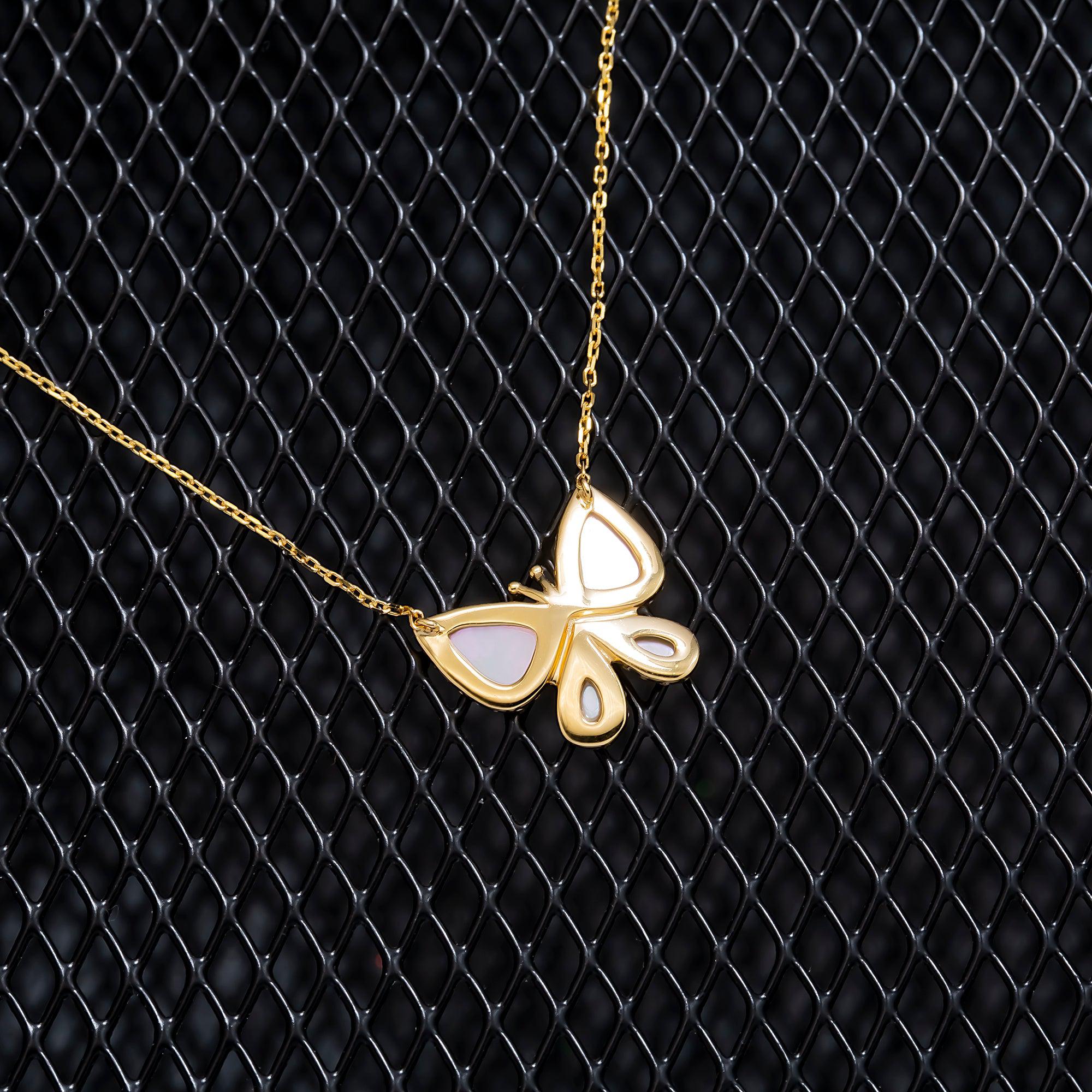 14K GOLD DIAMOND BUTTERFLY MOTHER OF PEARL NECKLACE 0.40 CT