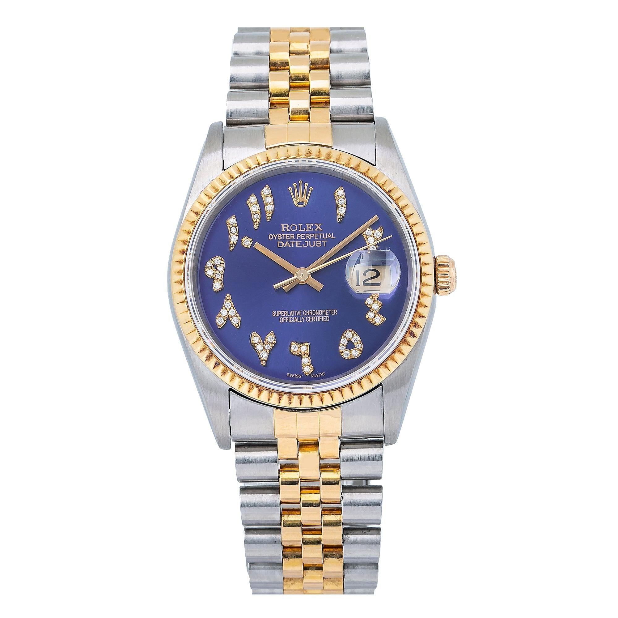 Rolex Datejust 36MM 16013 Blue Eastern Arabic Diamond Dial Fluted Bezel Two Tone Yellow Gold Jubilee Bracelet
