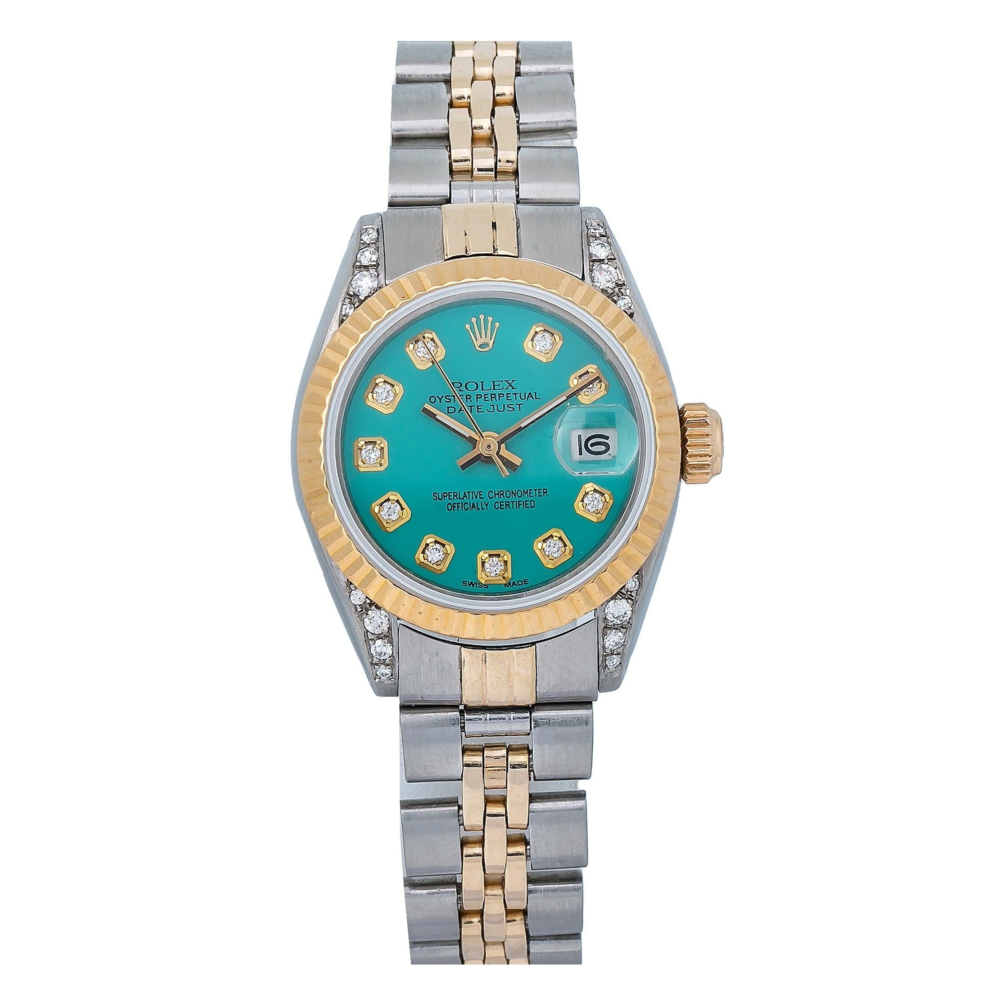 Rolex Datejust 26MM 69173 Turquoise Diamond Dial Yellow Gold Fluted Bezel Two Tone Jubilee Bracelet