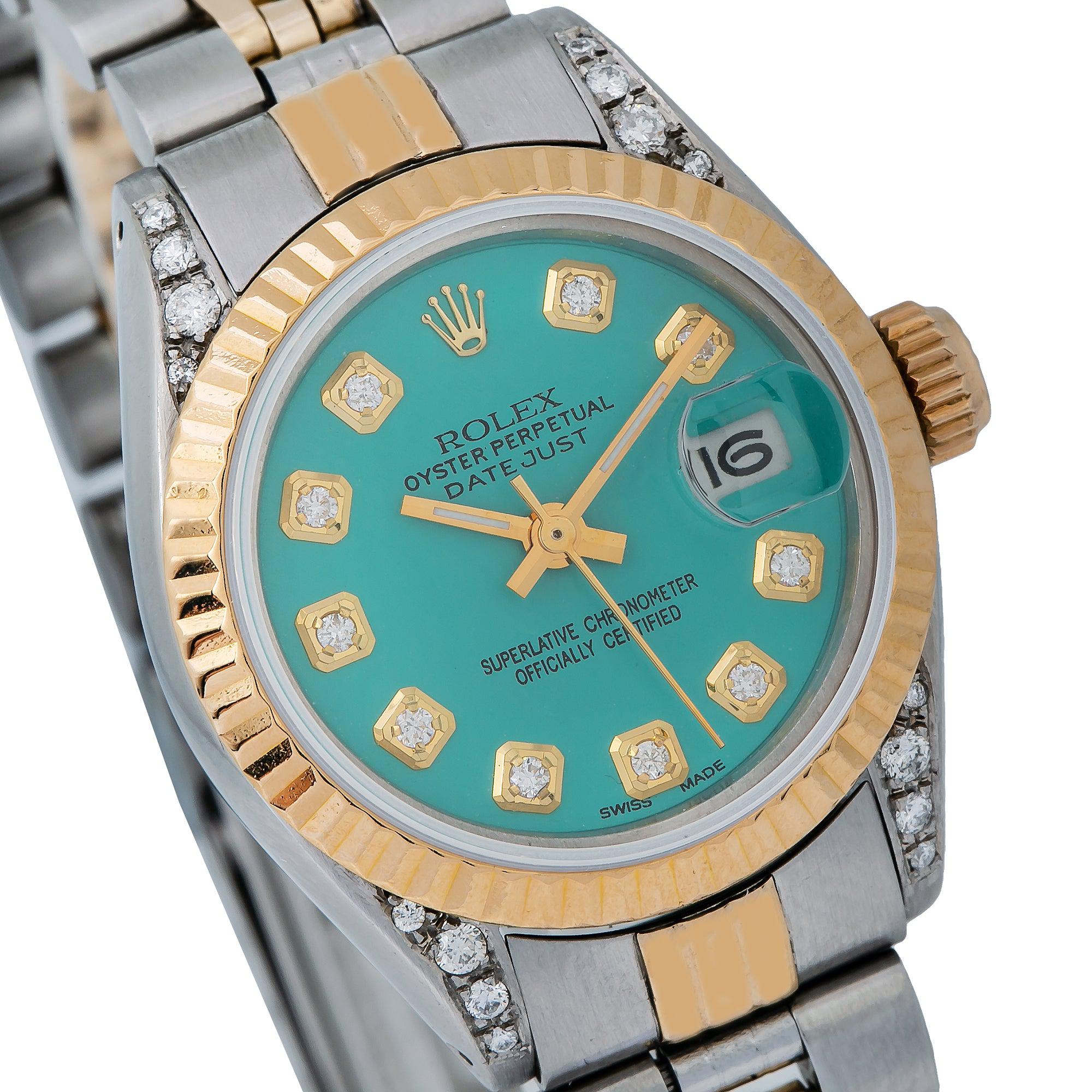 Rolex Datejust 26MM 69173 Turquoise Diamond Dial Fluted Bezel Two Tone Yellow Gold Jubilee Bracelet