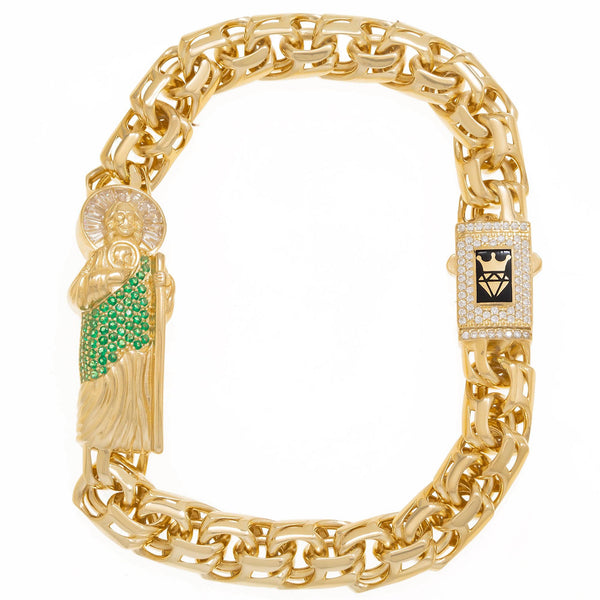 14K GOLD DIAMOND AND GEMSTONES ST. JUDE CHINO LINK CHAIN BRACELET