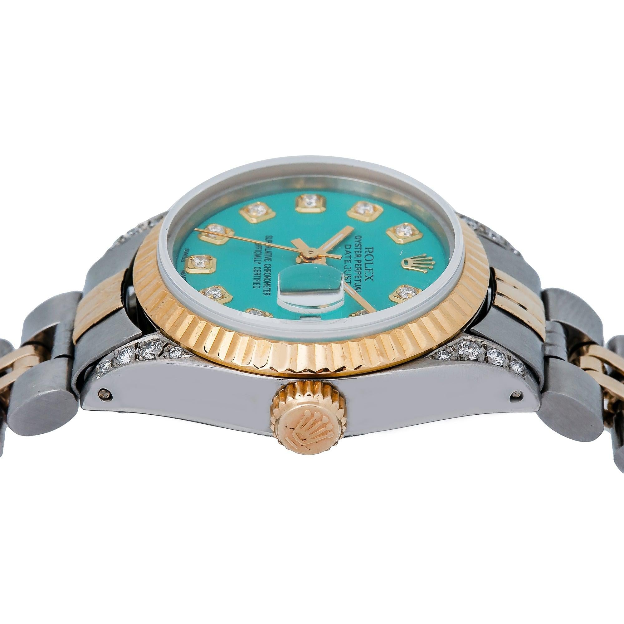 Rolex Datejust 26MM 69173 Turquoise Diamond Dial Fluted Bezel Two Tone Yellow Gold Jubilee Bracelet