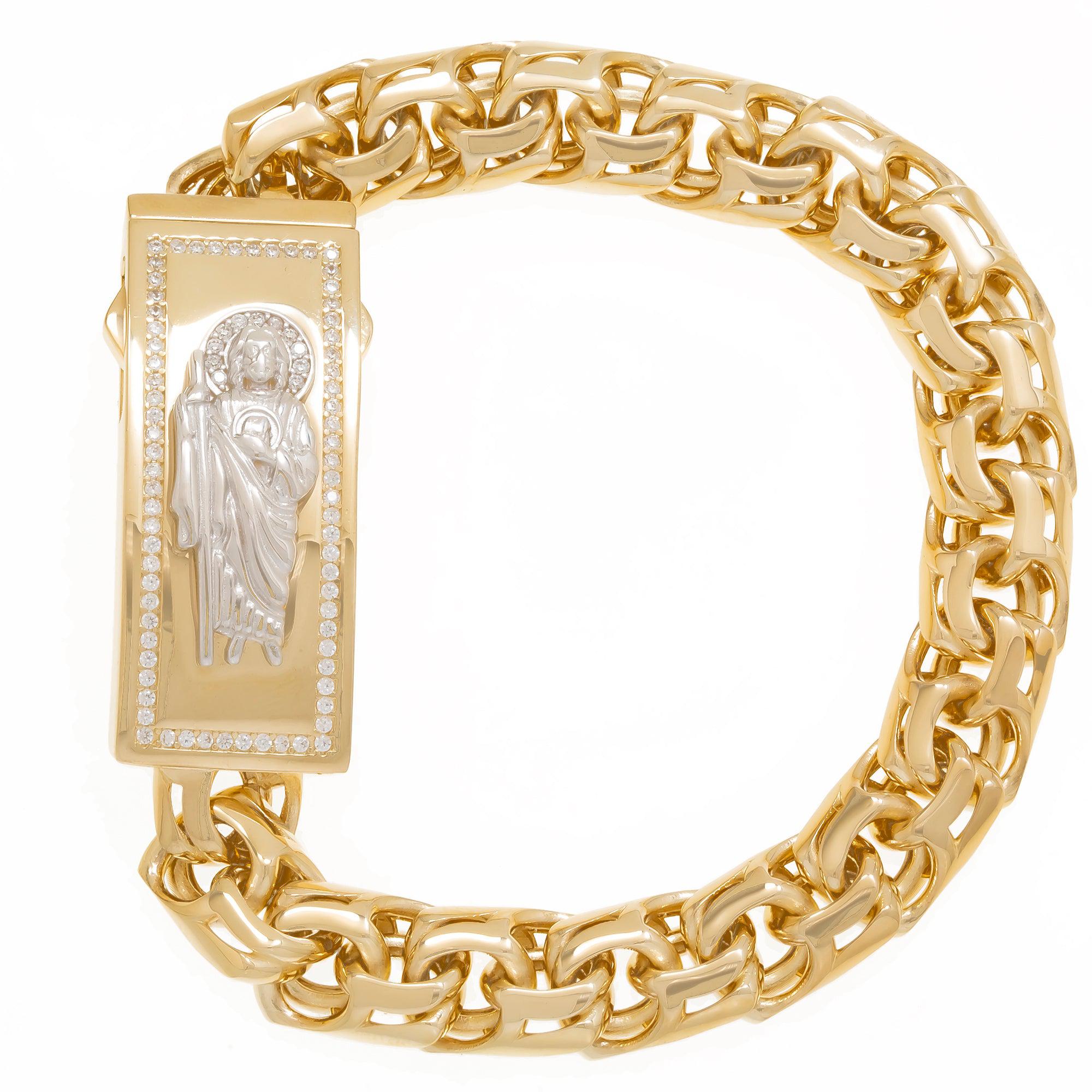 14K GOLD TWO TONE ST. JUDE CHINO LINK CHAIN ID BRACELET 42.8G WITH DIAMONDS