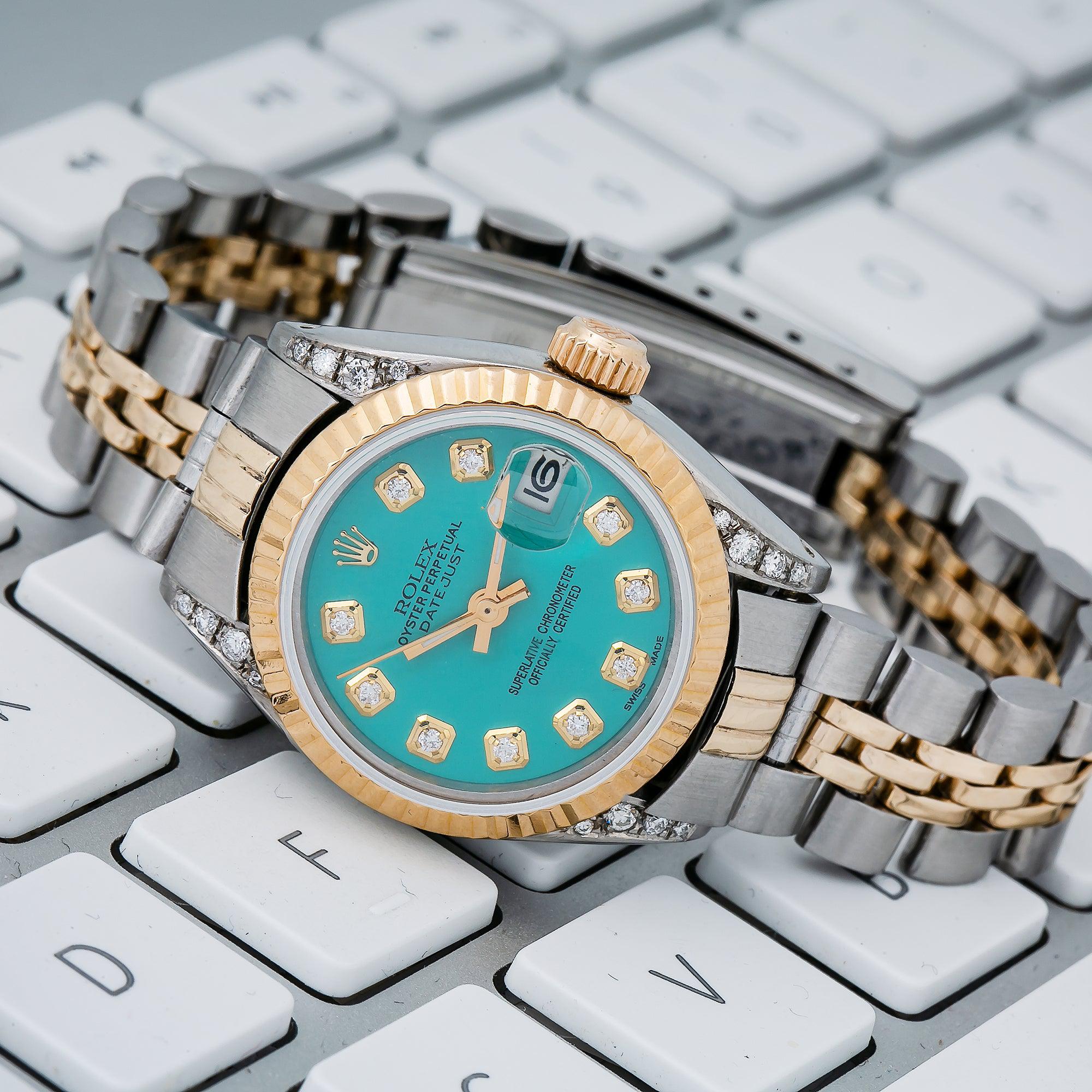 Rolex Datejust 26MM 69173 Turquoise Diamond Dial Fluted Bezel Two Tone Yellow Gold Jubilee Bracelet