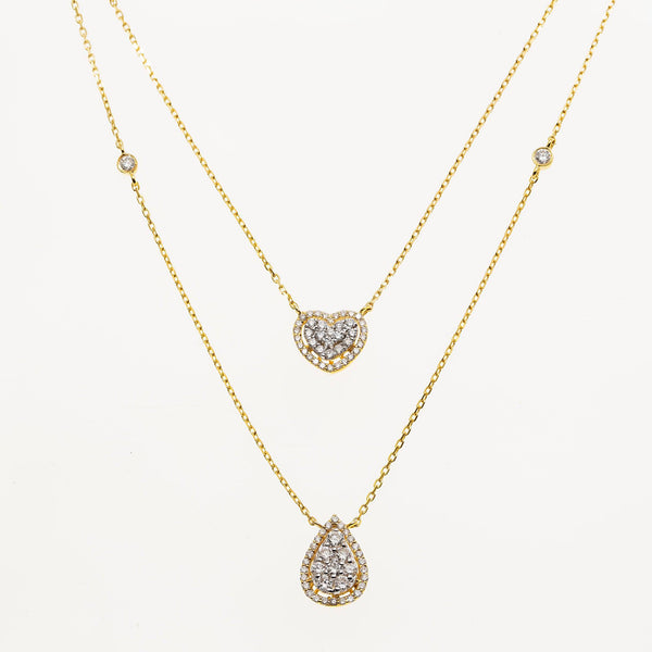 14K GOLD CLUSTER DIAMOND HEART AND PEAR SHAPE NECKLACE 0.90 CT