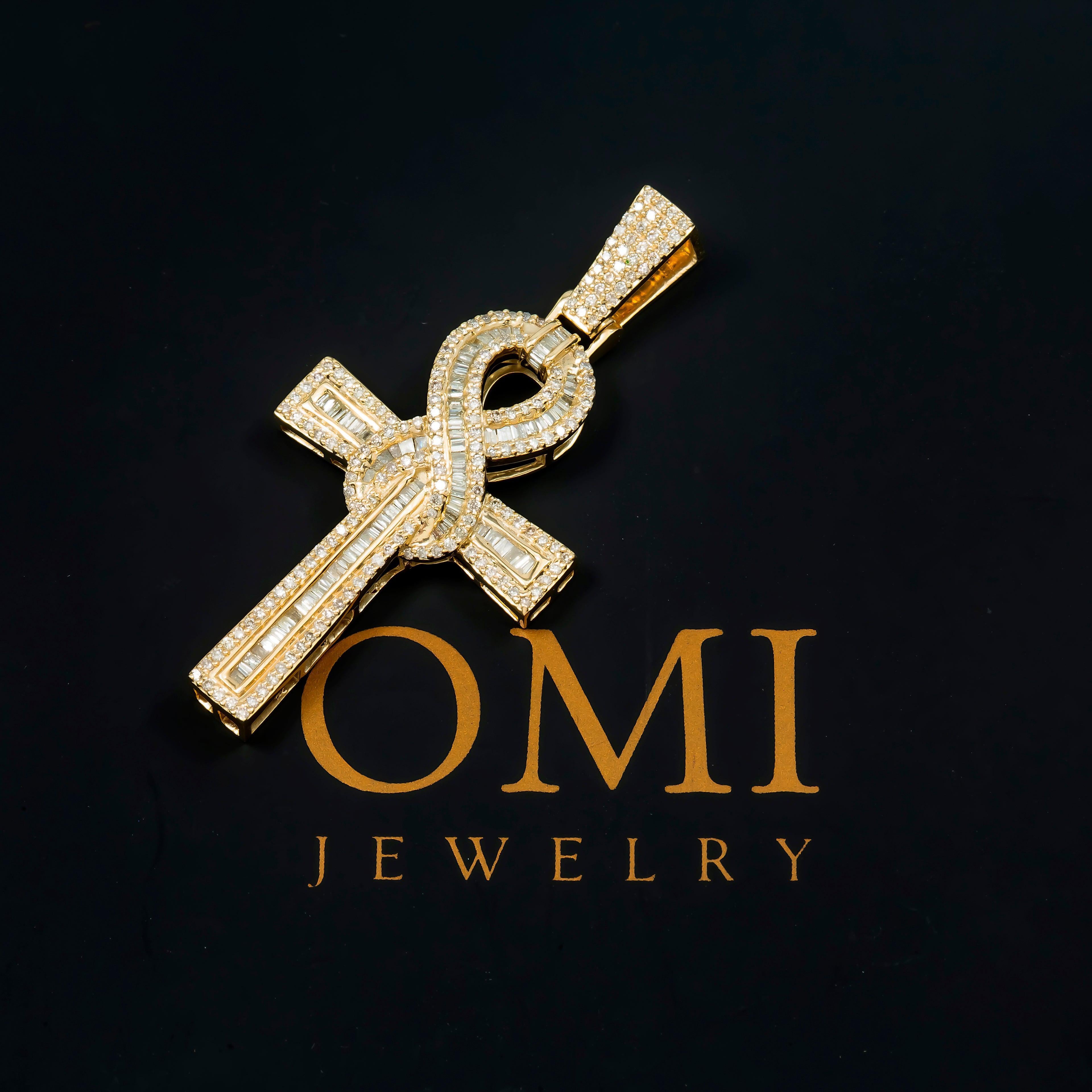 10K GOLD BAGUETTE DIAMOND ANKH PENDANT 0.91 CT