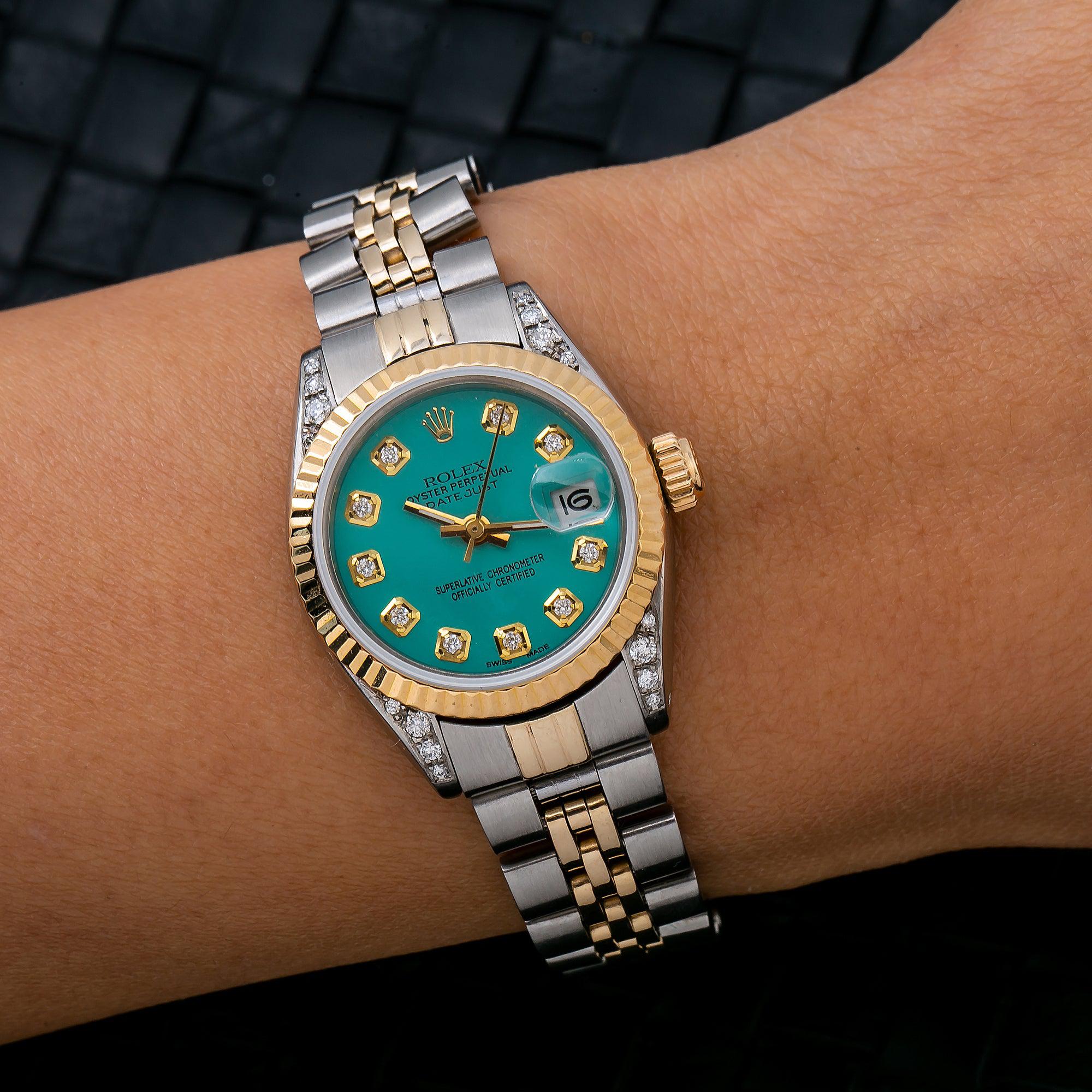 Rolex Datejust 26MM 69173 Turquoise Diamond Dial Fluted Bezel Two Tone Yellow Gold Jubilee Bracelet