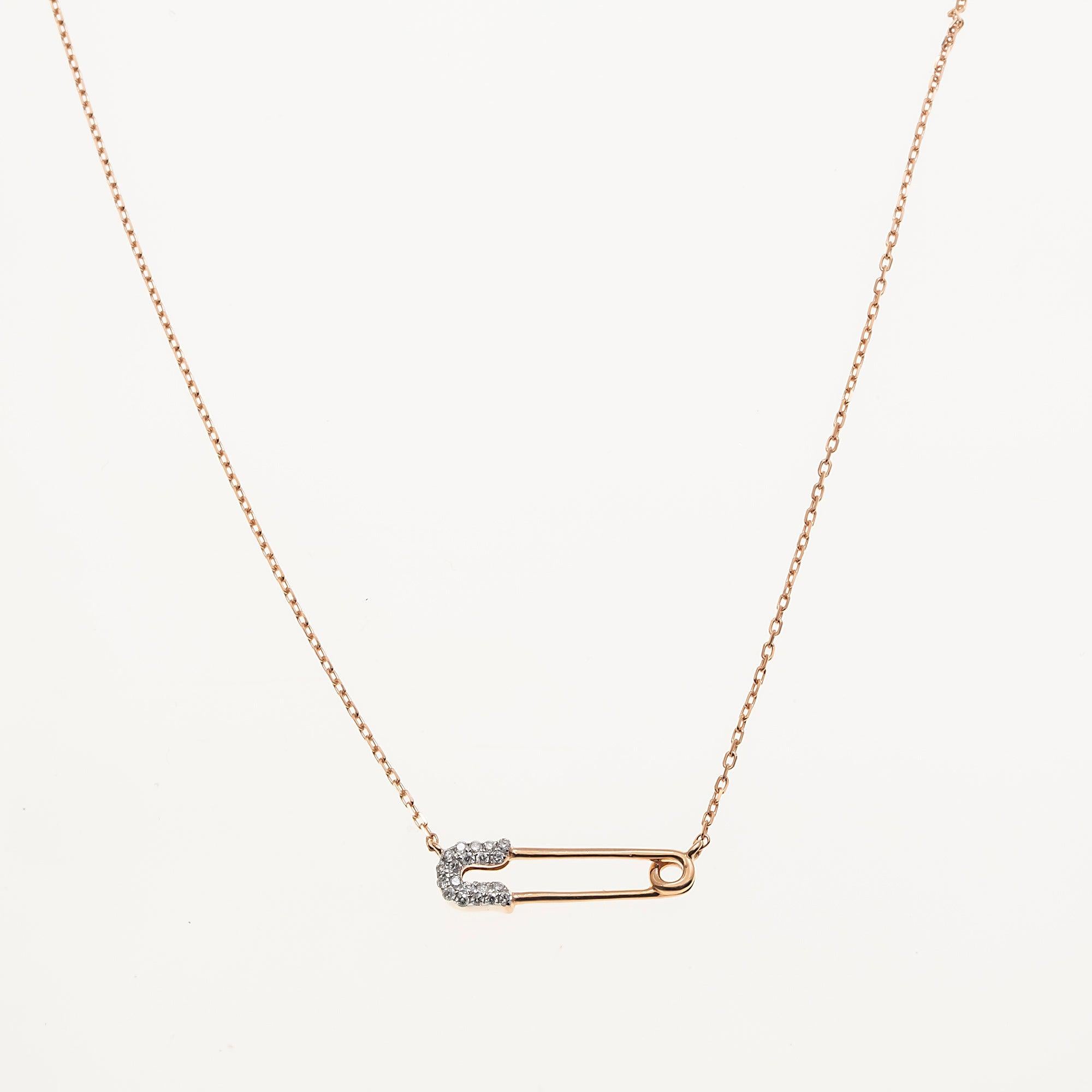 14K GOLD DIAMOND SAFETY PIN NECKLACE 0.10 CT