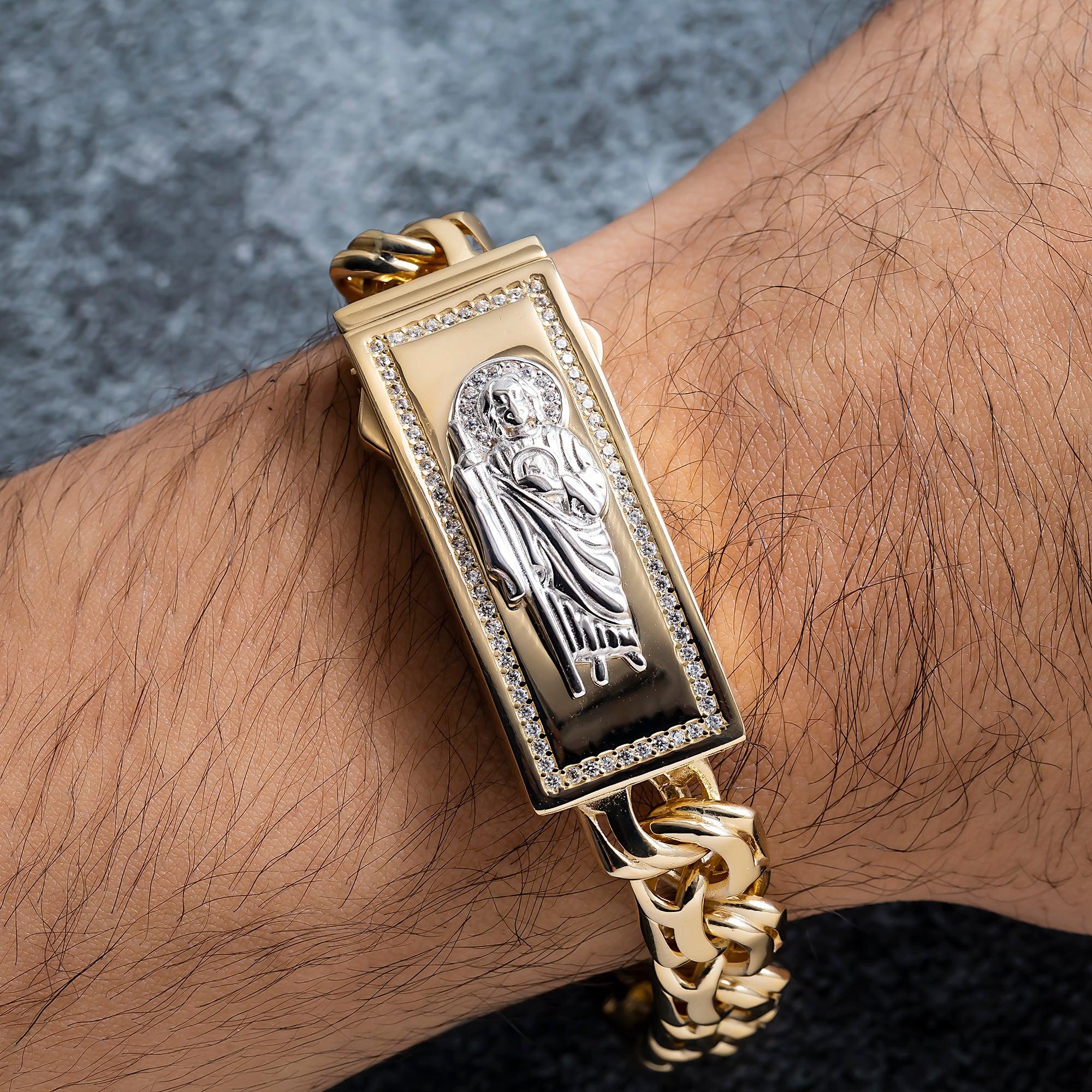 14K GOLD TWO TONE ST. JUDE CHINO LINK CHAIN ID BRACELET 42.8G WITH DIAMONDS