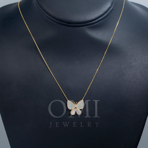 14K GOLD DIAMOND BUTTERFLY MOTHER OF PEARL NECKLACE 0.40 CT