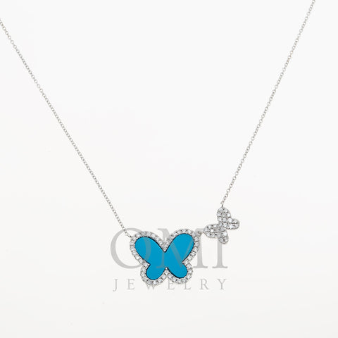 14K GOLD DIAMOND DOUBLE BUTTERFLY WITH TURQUOISE NECKLACE 1.16 CTW
