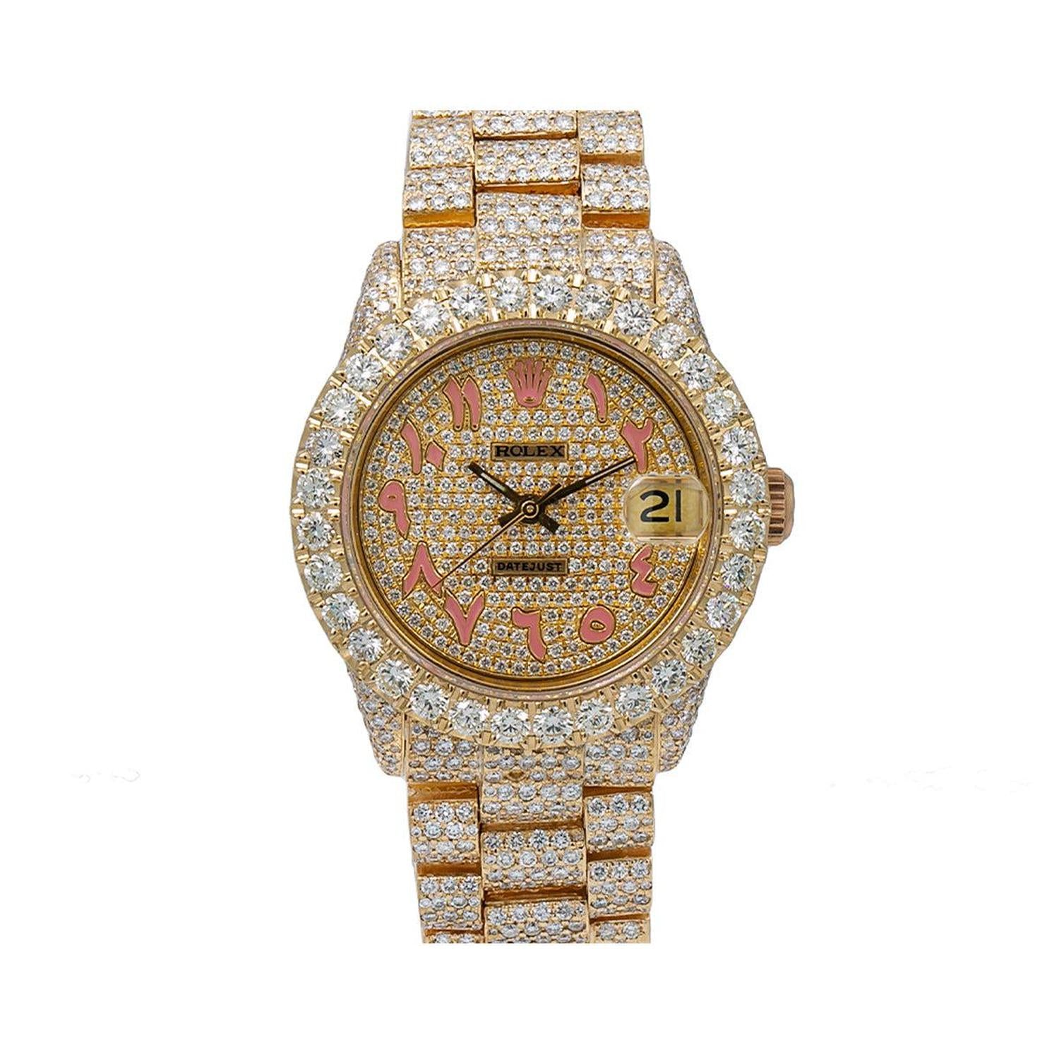 Rolex Datejust 31MM 6827 Diamond Paved Eastern Arabic Dial Diamond Bezel 18K Yellow Gold Full Diamond President Bracelet 12.25ct