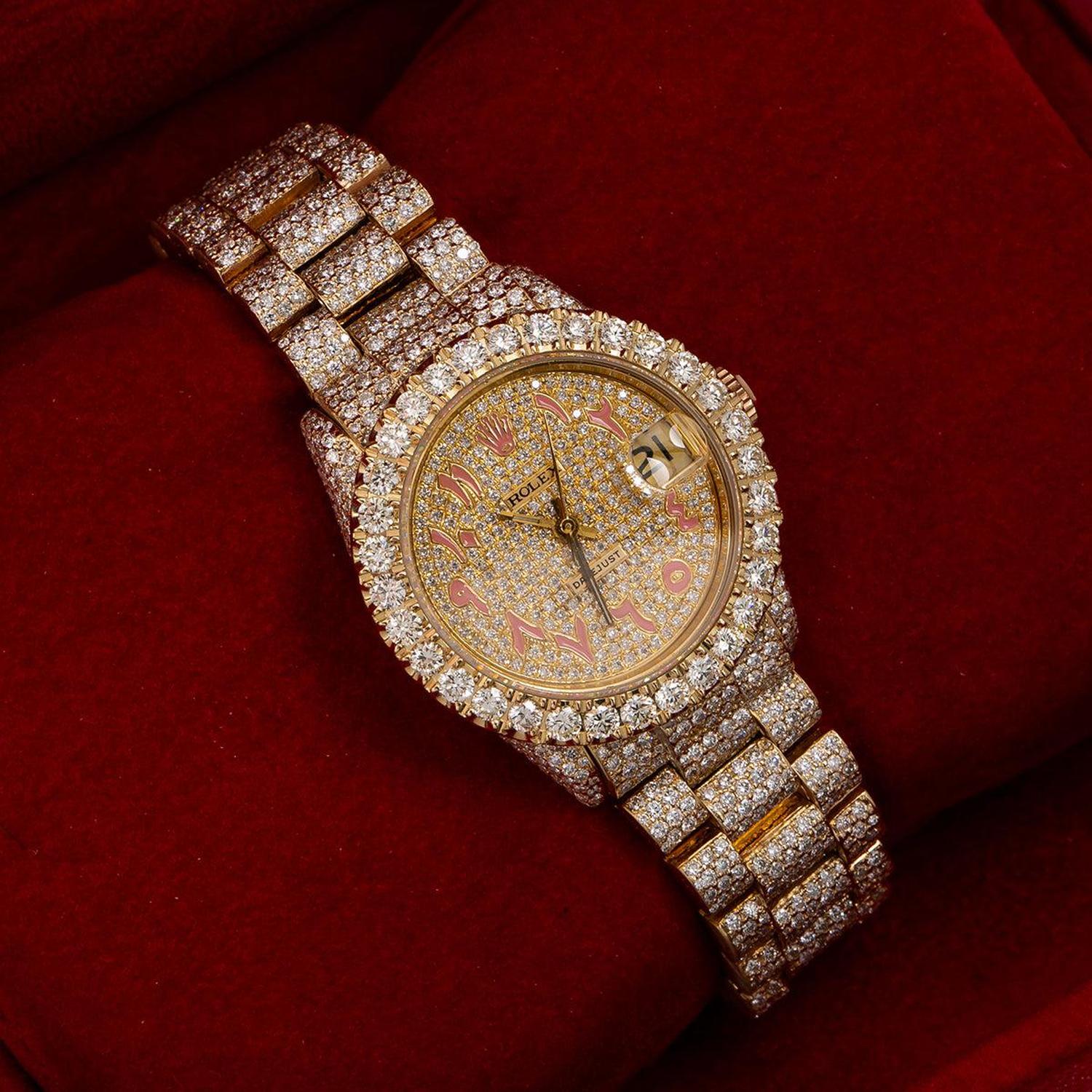 Rolex Datejust 31MM 6827 Diamond Paved Eastern Arabic Dial Diamond Bezel 18K Yellow Gold Full Diamond President Bracelet 12.25ct