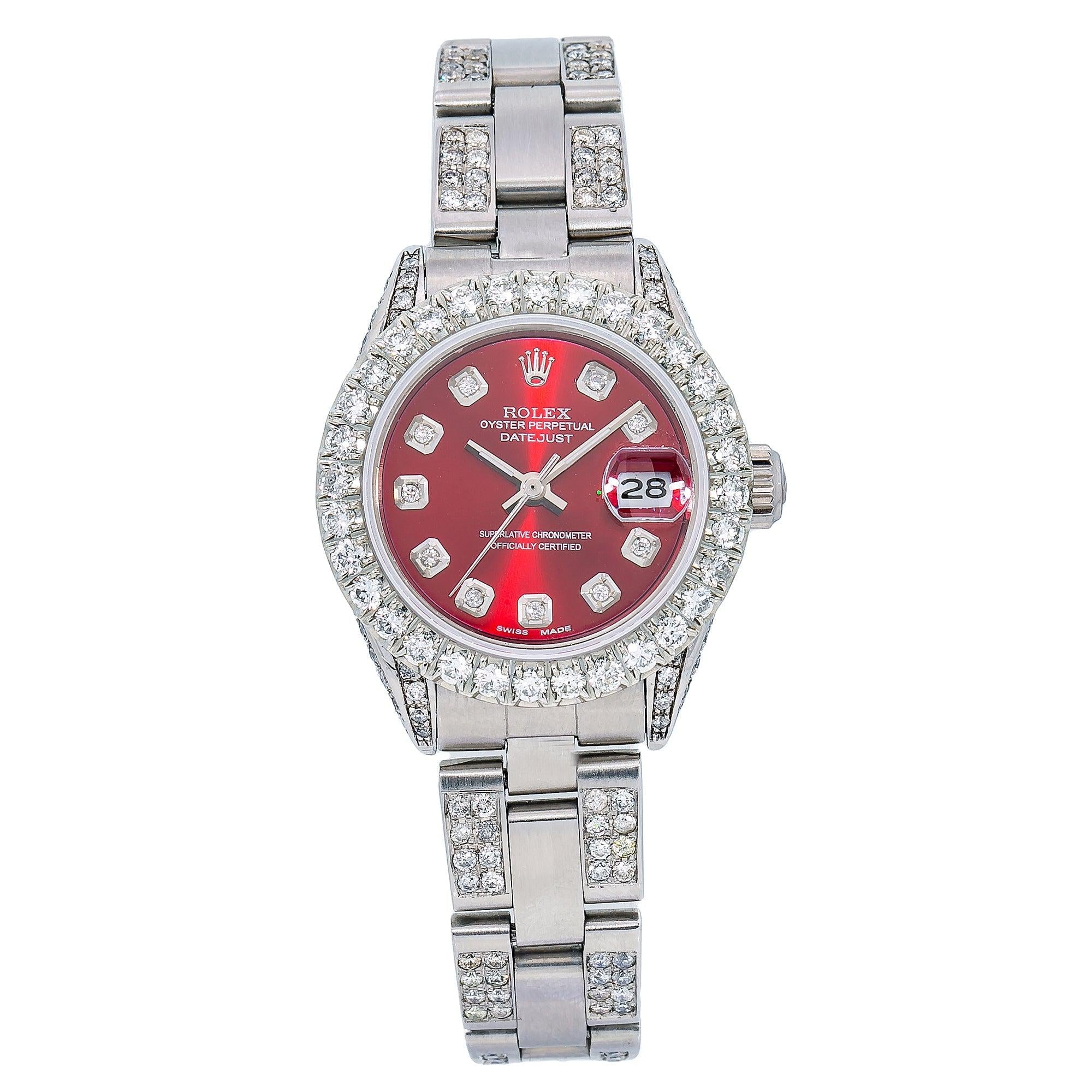 Rolex Datejust 26MM 69160 Red Diamond Dial Diamond Bezel Stainless Steel Semi Diamond Oyster Bracelet 5.25ct