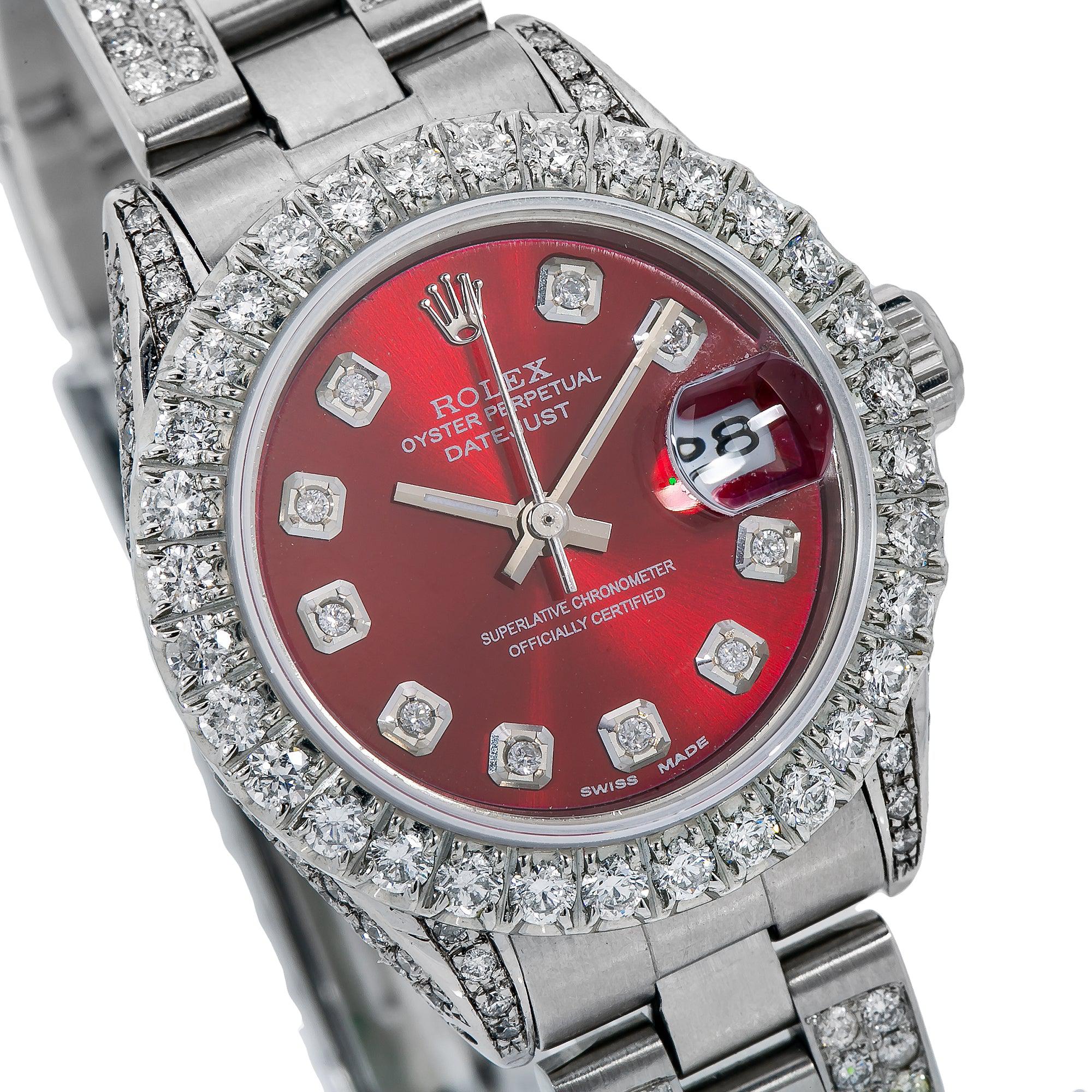Rolex Datejust 26MM 69160 Red Diamond Dial Diamond Bezel Stainless Steel Semi Diamond Oyster Bracelet 5.25ct