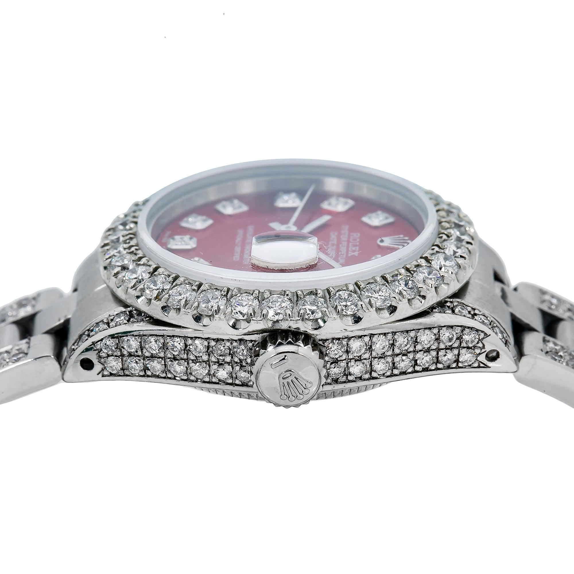 Rolex Datejust 26MM 69160 Red Diamond Dial Diamond Bezel Stainless Steel Semi Diamond Oyster Bracelet 5.25ct