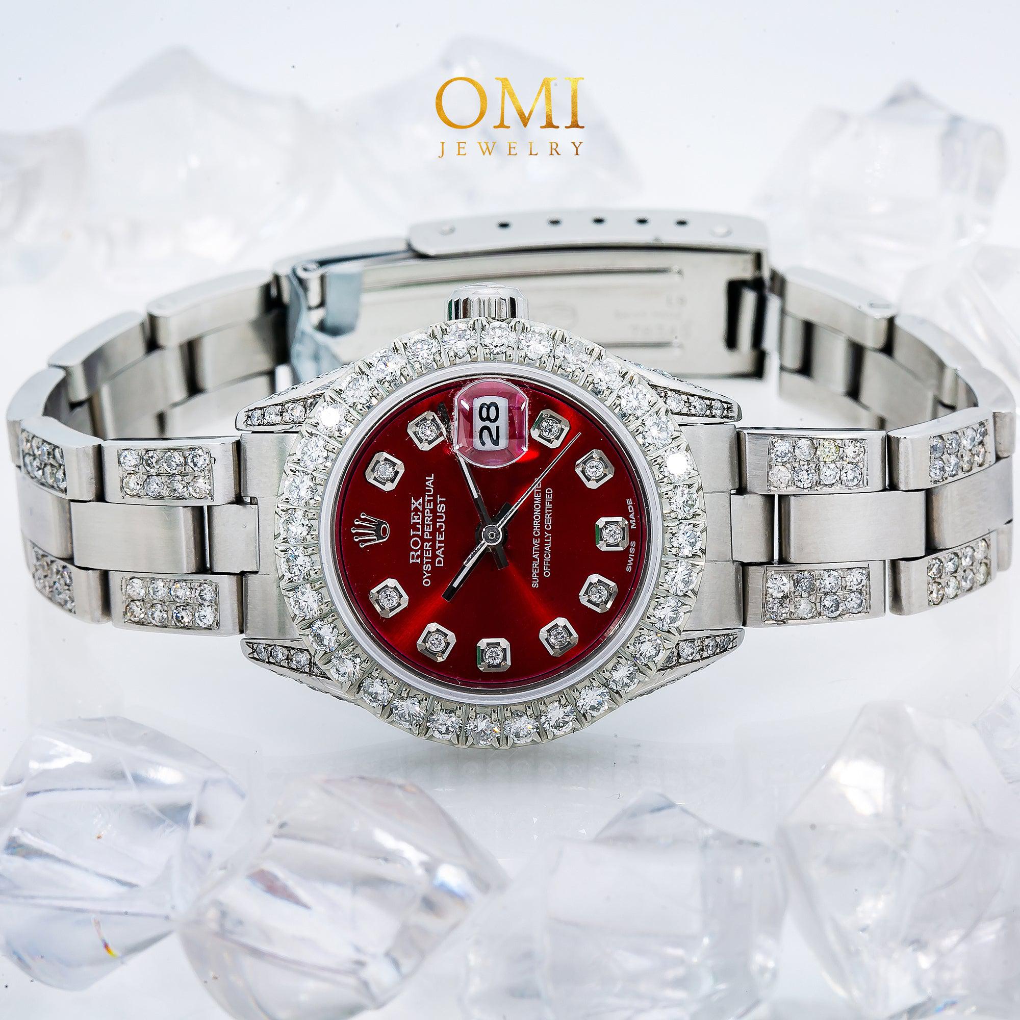 Rolex Datejust 26MM 69160 Red Diamond Dial Diamond Bezel Stainless Steel Semi Diamond Oyster Bracelet 5.25ct