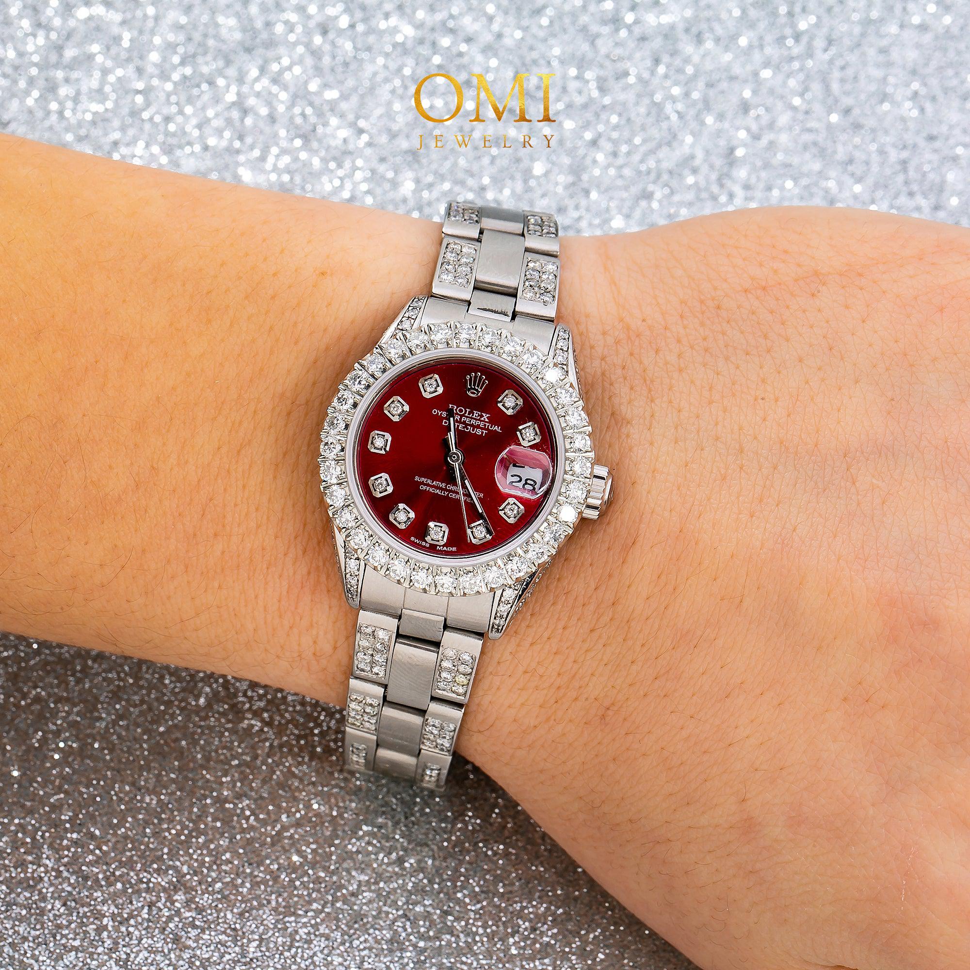 Rolex Datejust 26MM 69160 Red Diamond Dial Diamond Bezel Stainless Steel Semi Diamond Oyster Bracelet 5.25ct