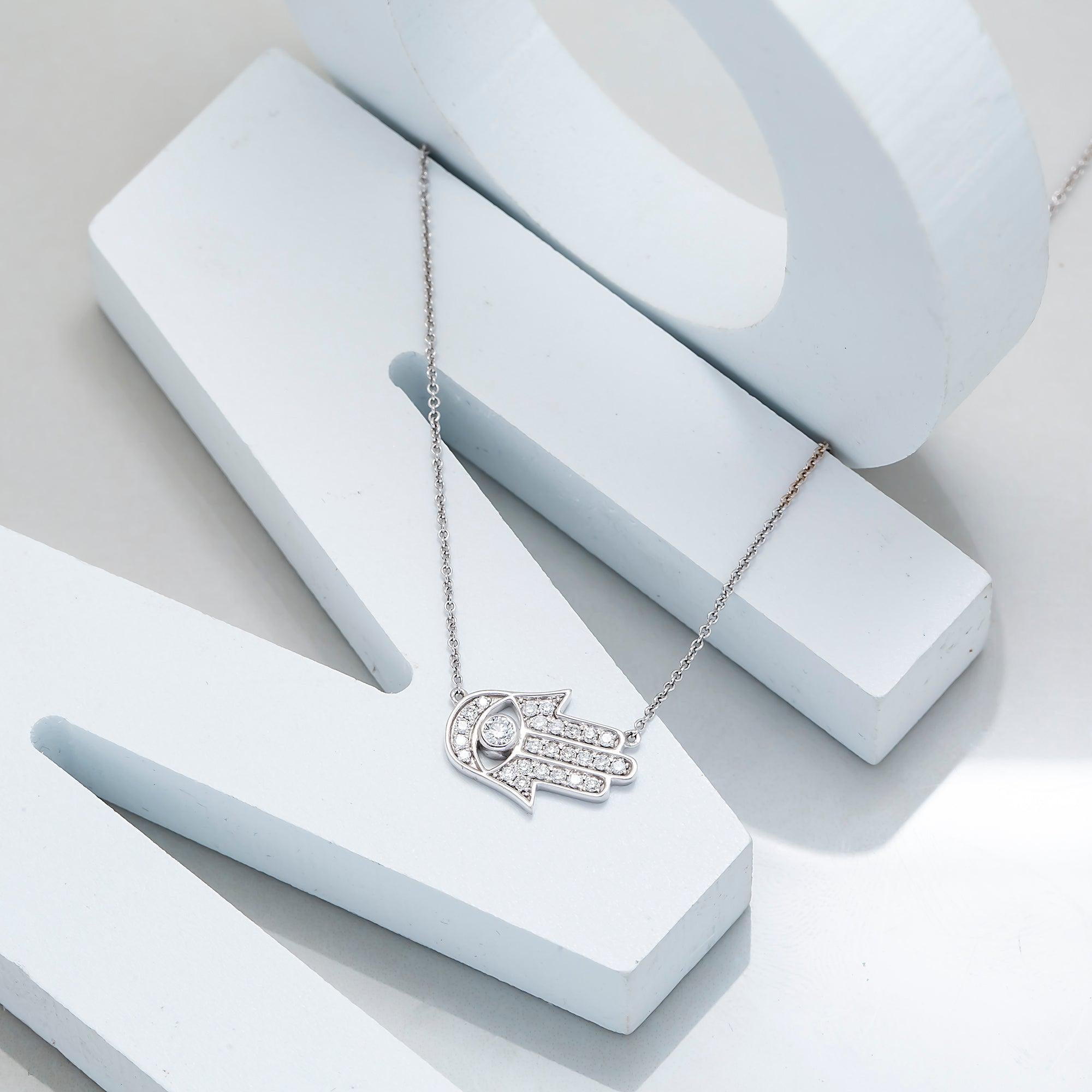 14K GOLD DIAMOND EVIL EYE HAMSA NECKLACE 0.25 CT