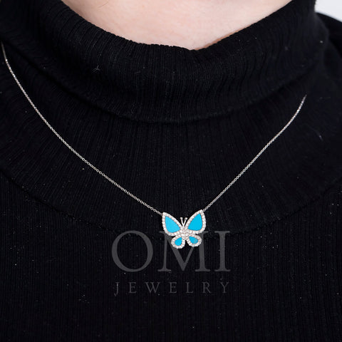 14K GOLD DIAMOND BUTTERFLY WITH TURQUOISE NECKLACE 0.62 CTW