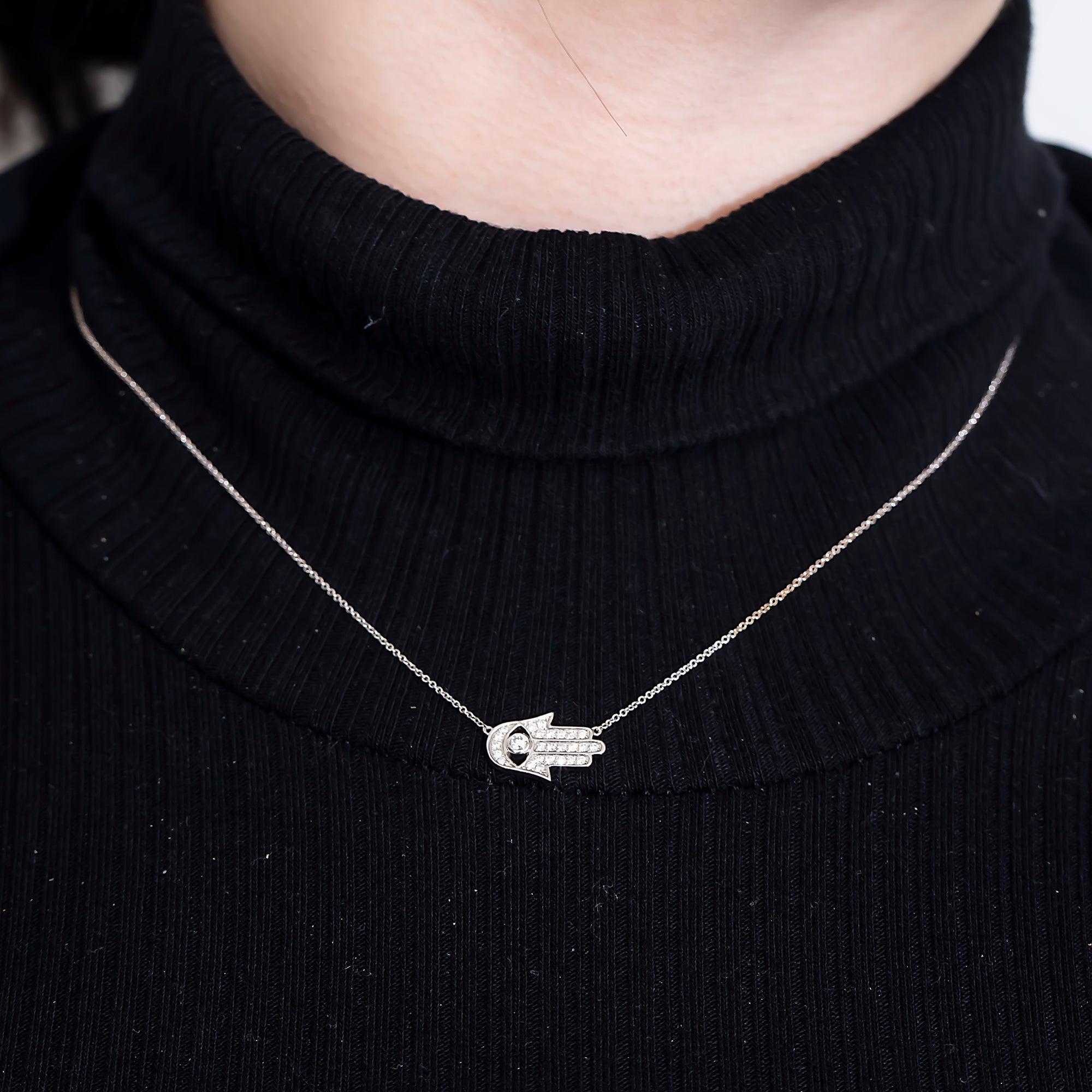 14K GOLD DIAMOND EVIL EYE HAMSA NECKLACE 0.25 CT