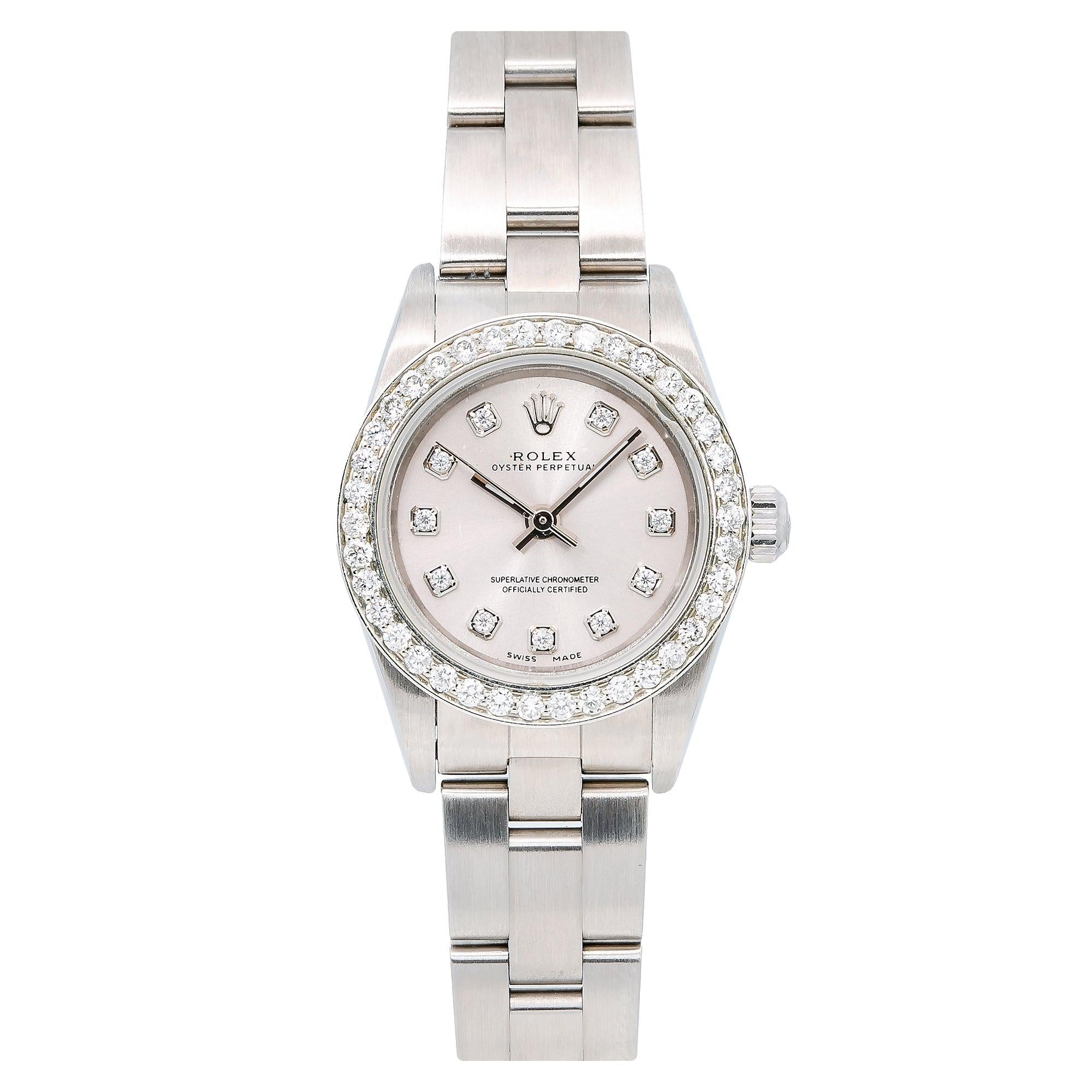 Rolex Oyster Perpetual 26MM 76094 Silver Diamond Dial Diamond Bezel Stainless Steel Oyster Bracelet