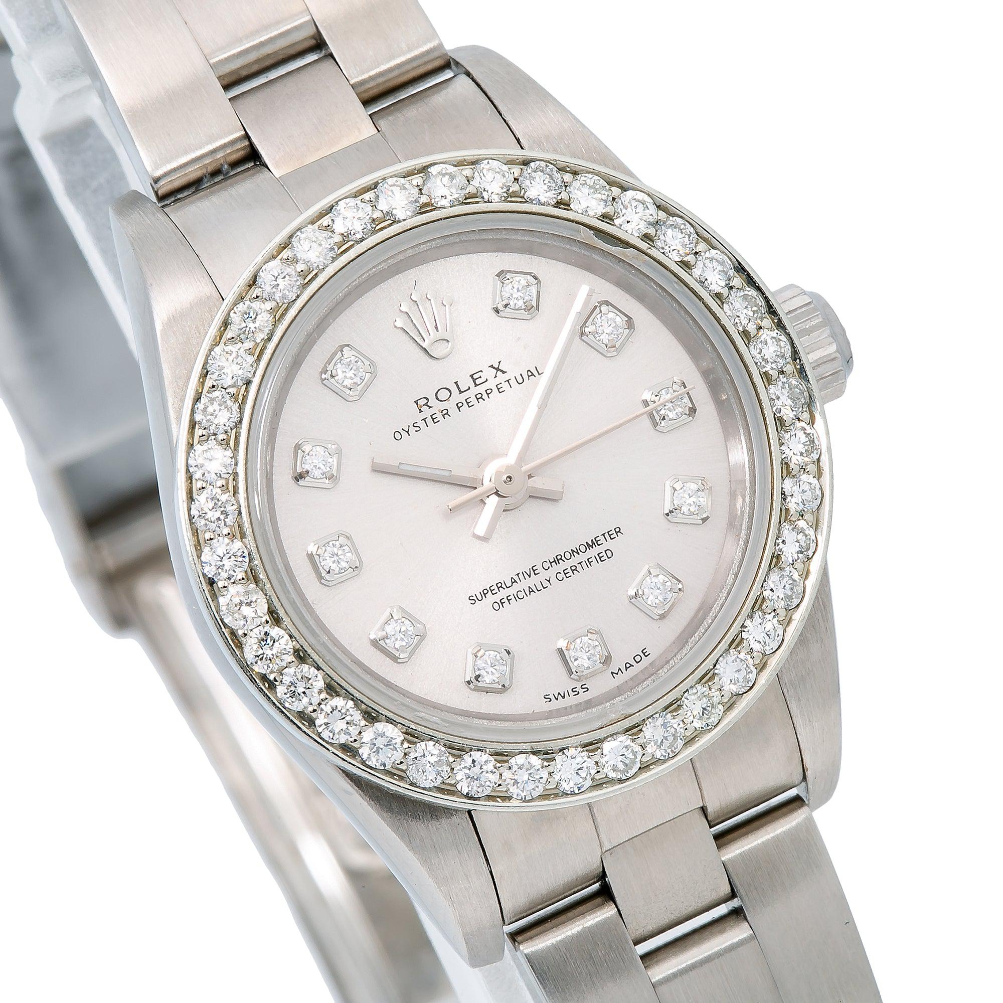 Rolex Oyster Perpetual 26MM 76094 Silver Diamond Dial Diamond Bezel Stainless Steel Oyster Bracelet