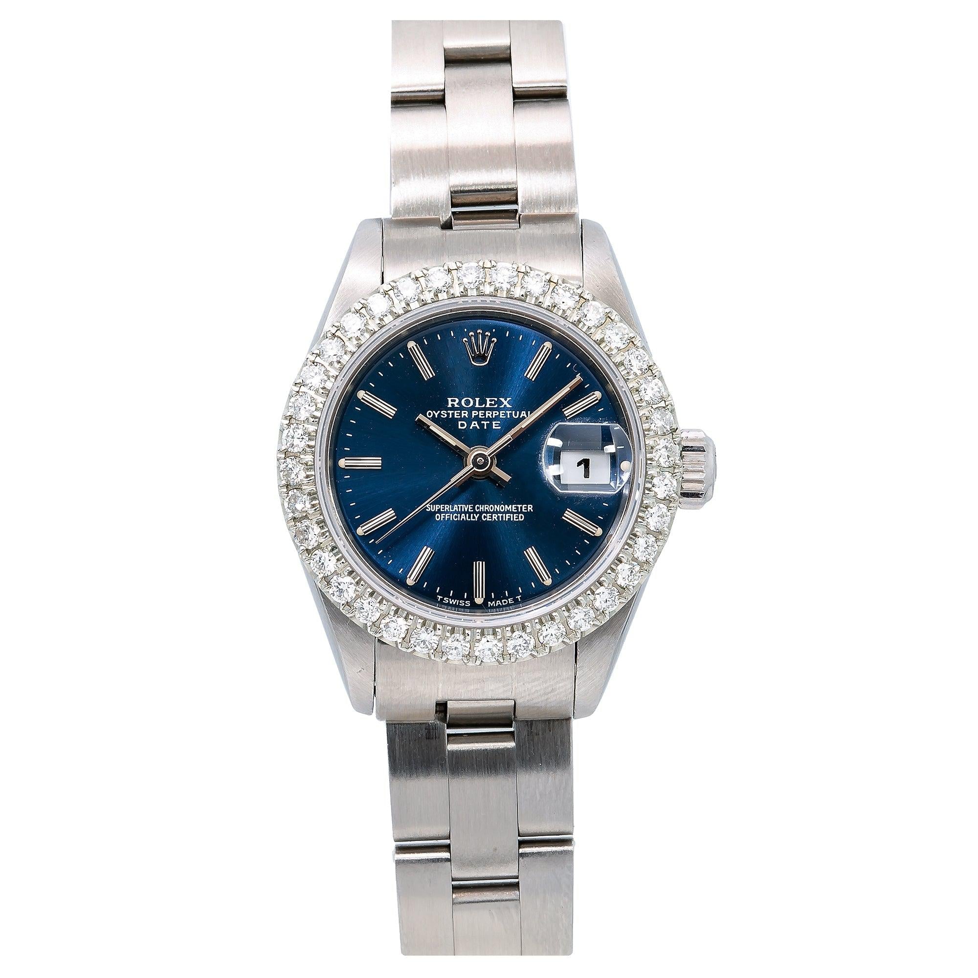 Rolex Date 26MM 6916 Blue Dial Diamond Bezel Stainless Steel Oyster Bracelet
