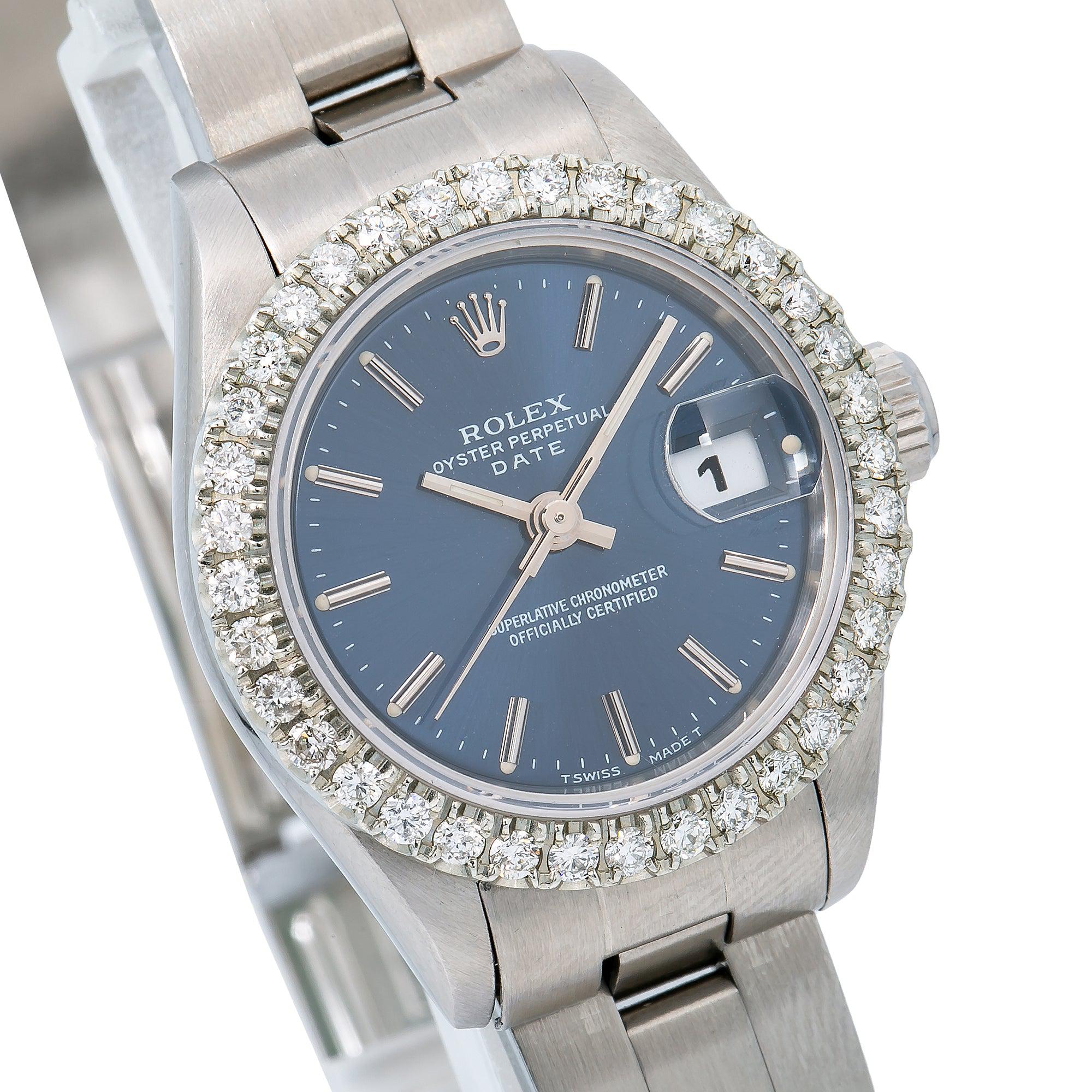 Rolex Date 26MM 6916 Blue Dial Diamond Bezel Stainless Steel Oyster Bracelet